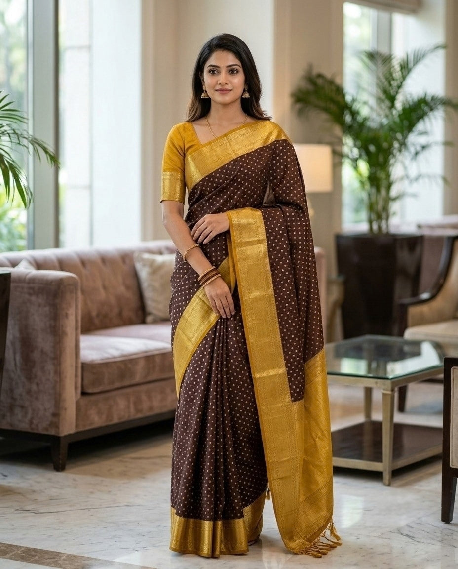 Coffee Brown Polka Dot Luxury Soft Silk Saree