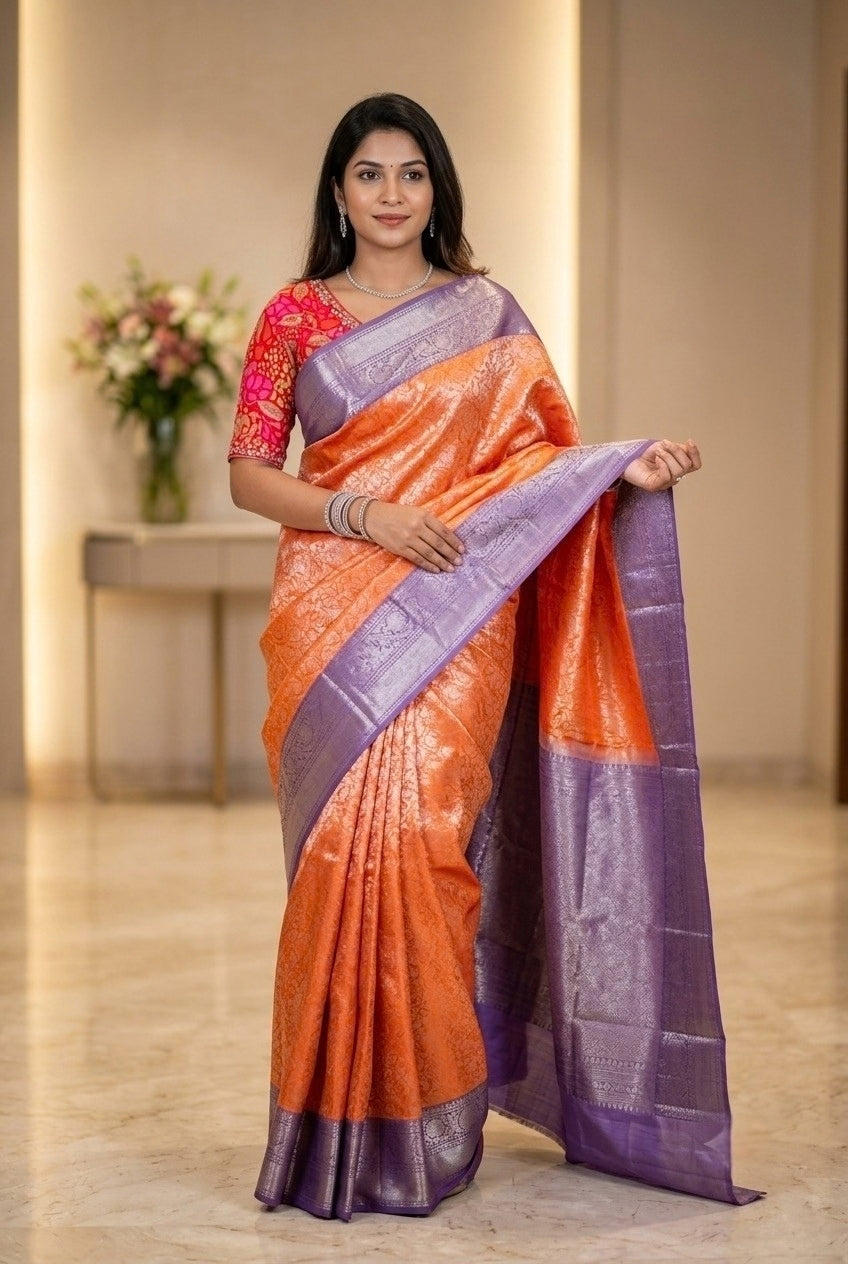 Fanta Orange & Deep Lavender Silver Zari Saree