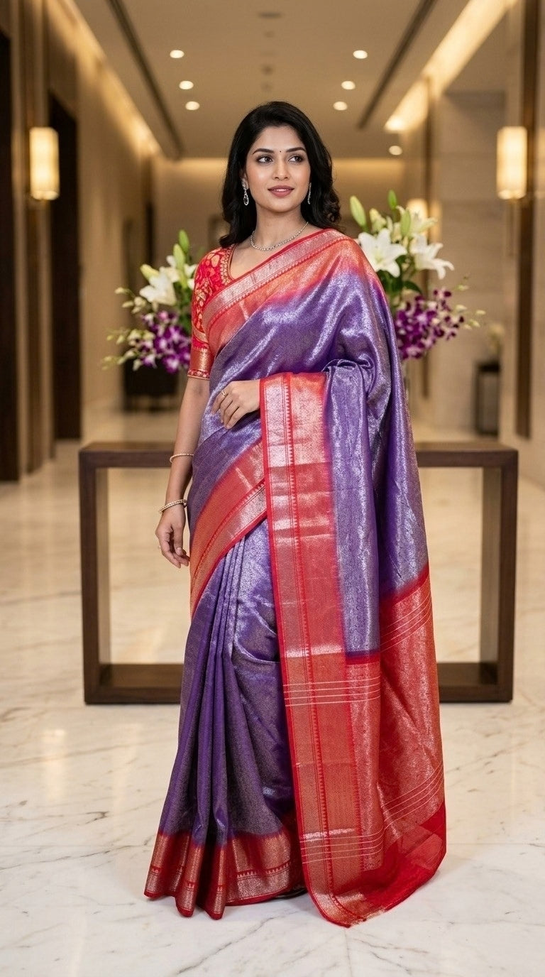 Violet with Red Silver Zari Saree