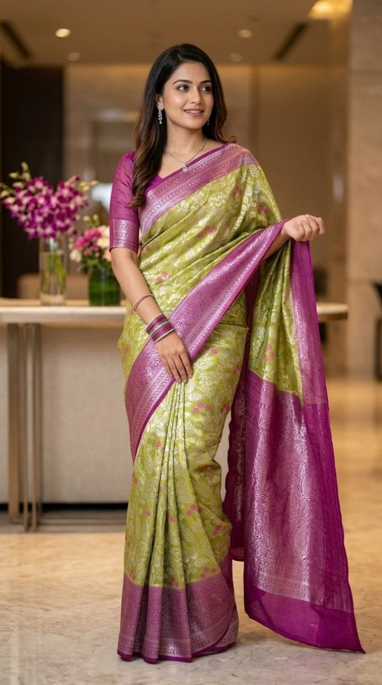 Lime Green Silver Jari Tissue Jacquard Saree