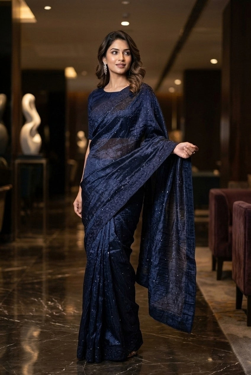 Midnight Blue Crushed Shimmer Saree