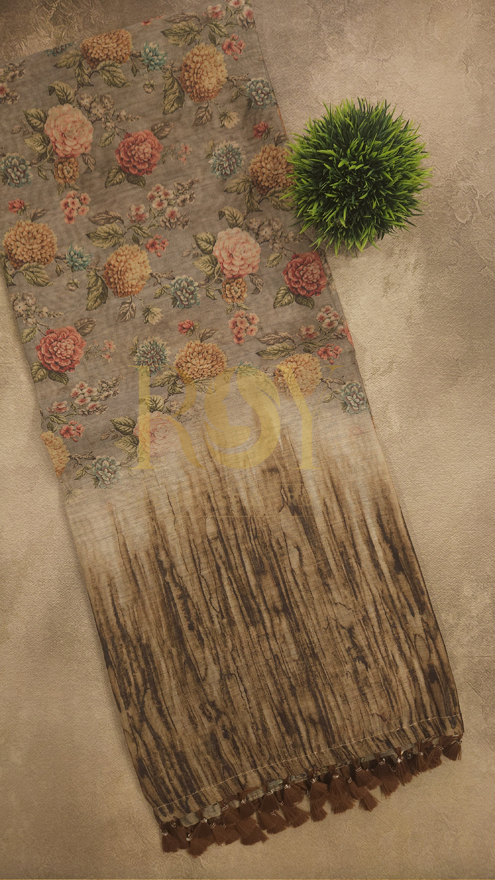 Beige Floral Printed Mix Cotton Saree