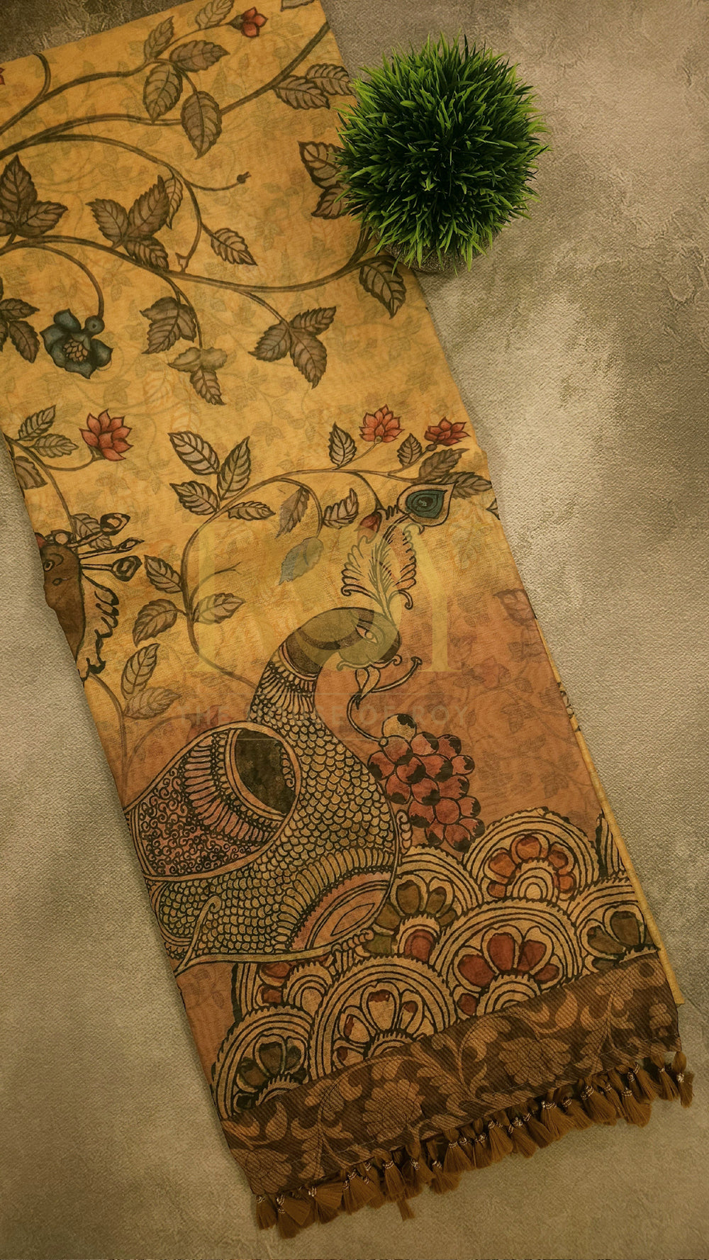 Beige Kalamkari Printed Mix Cotton Saree