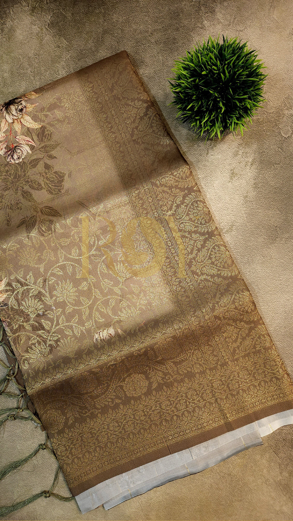 Beige Zari Softy Silk Saree