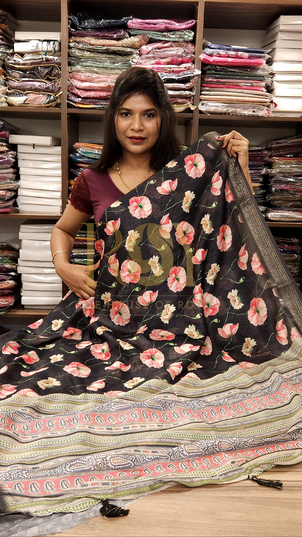 Black Digital Floral Print Saree