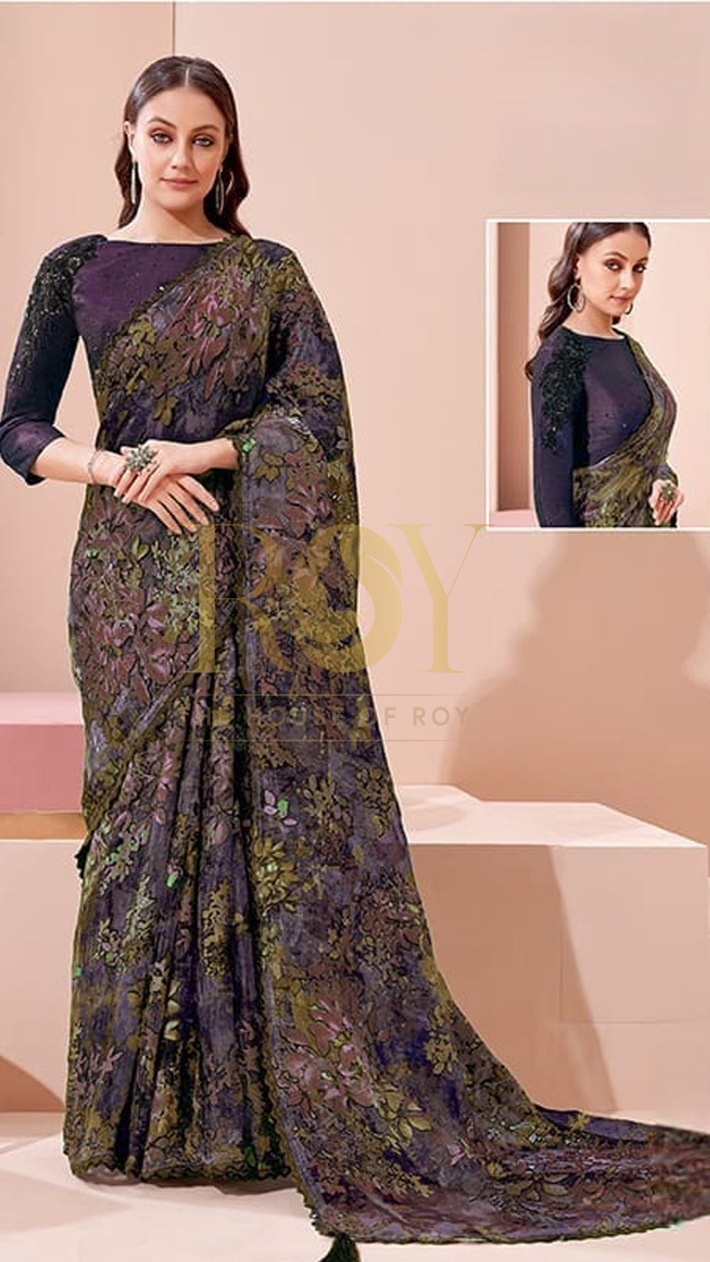 Black floral designer Net Saree