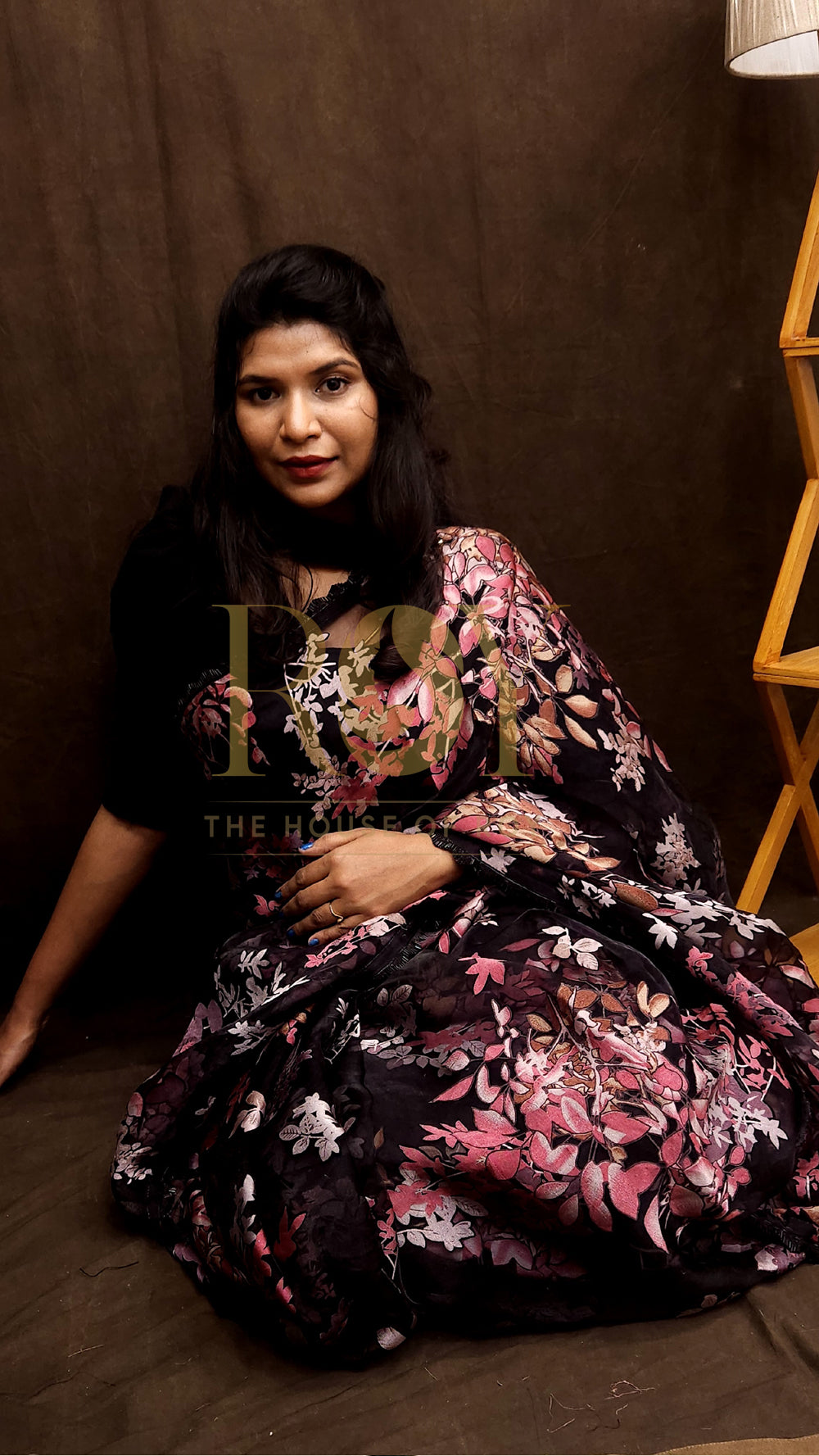 Black floral designer Net Saree