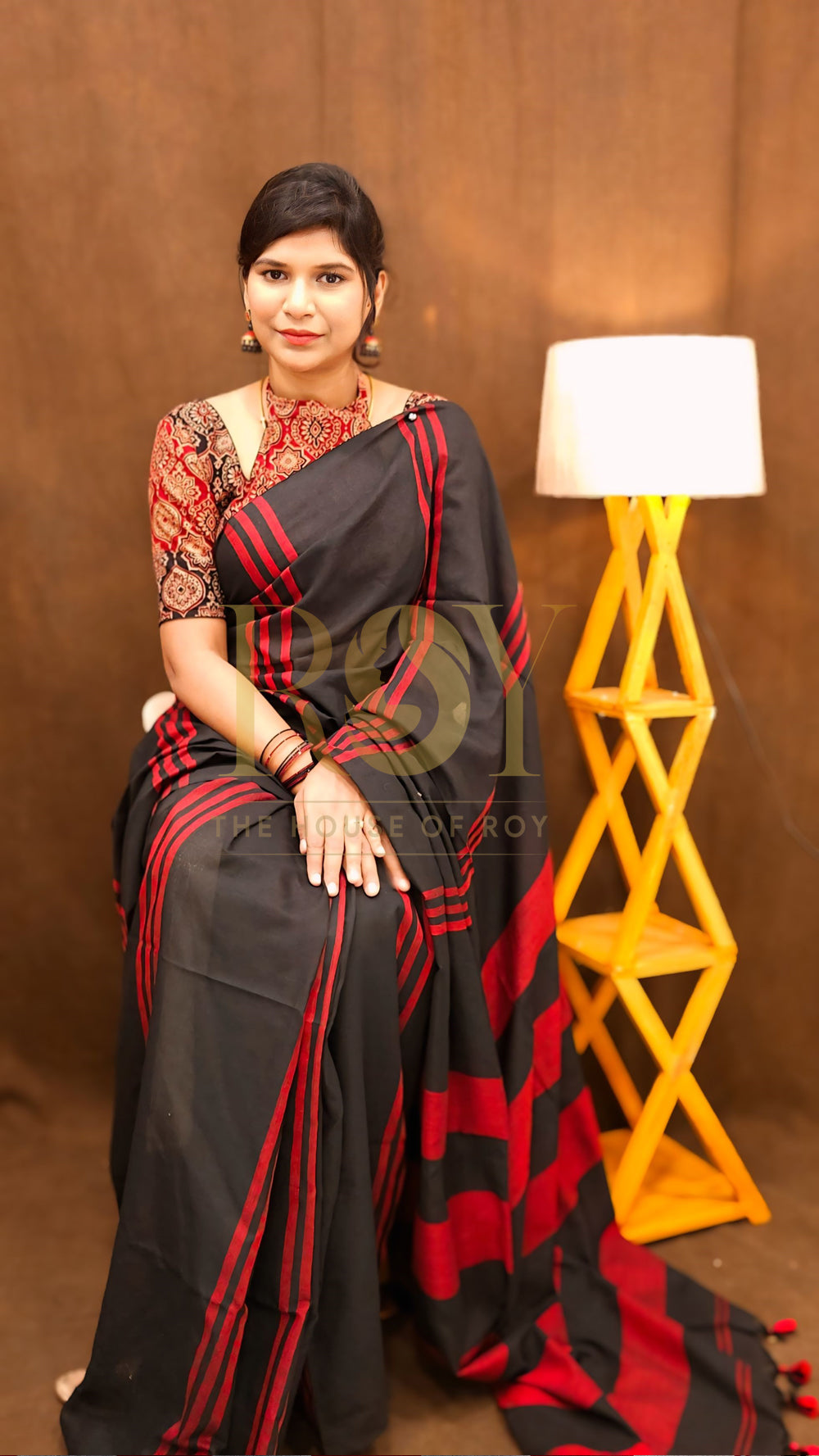 Black with Maroon Striped Khadi Mul Cotton Saree
