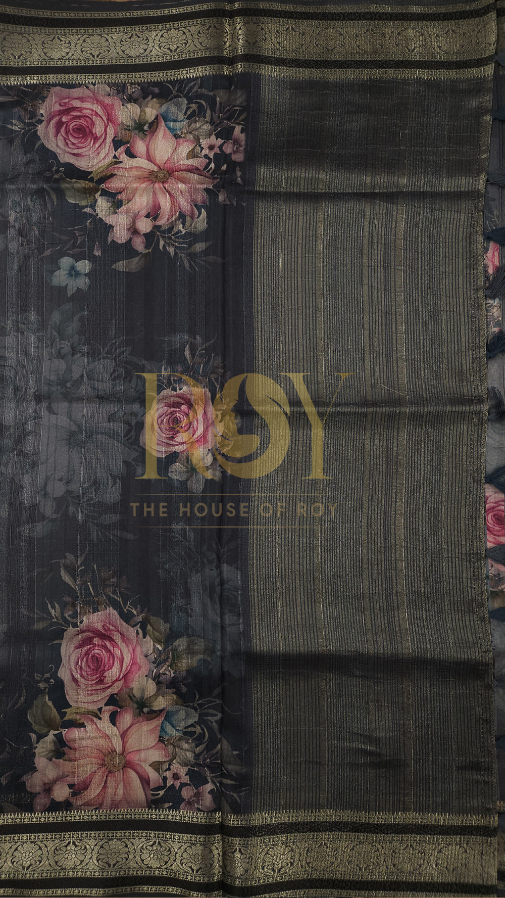 Blue Grey Floral Print Chanderi Saree