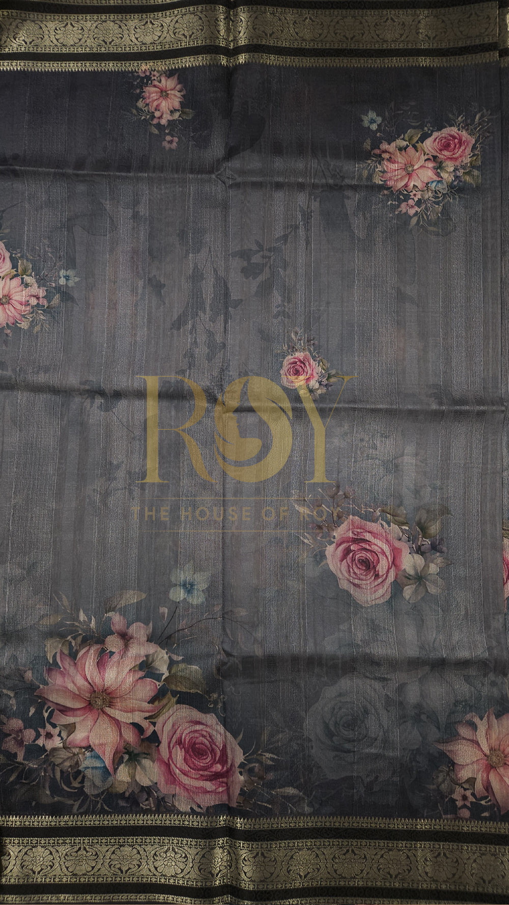 Blue Grey Floral Print Chanderi Saree