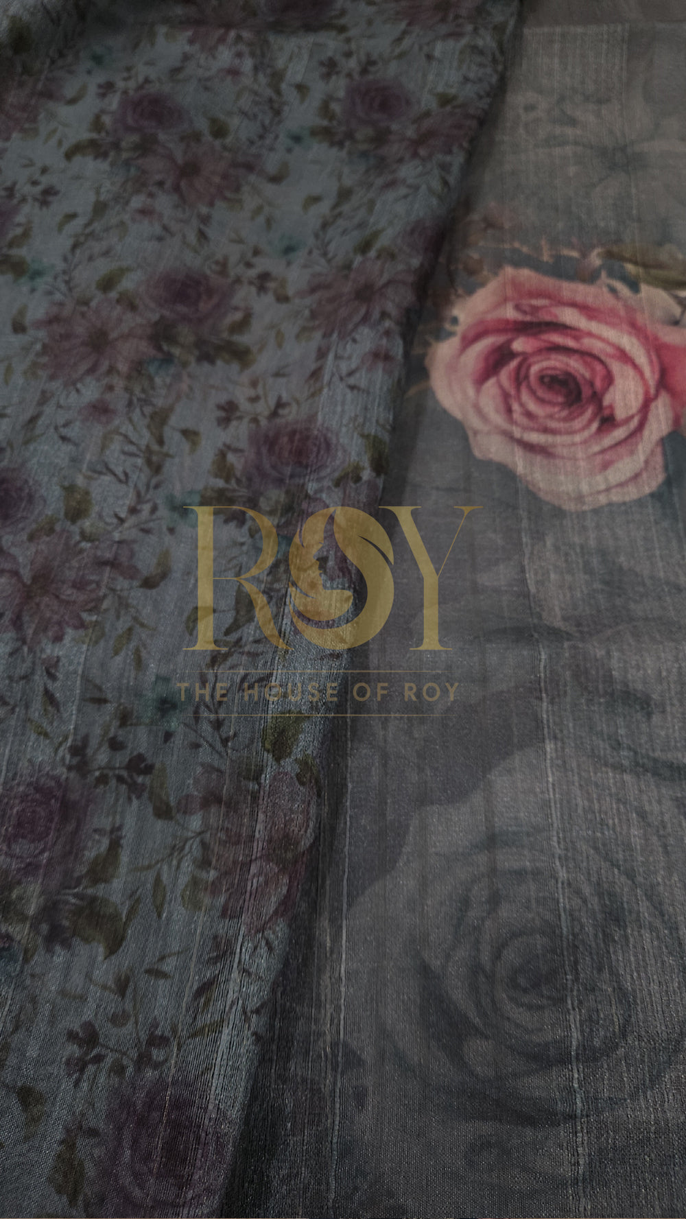 Blue Grey Floral Print Chanderi Saree