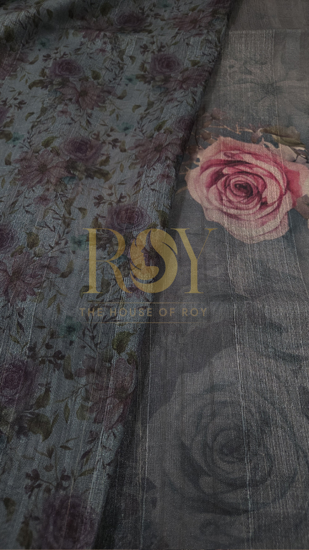 Blue Grey Floral Print Chanderi Saree