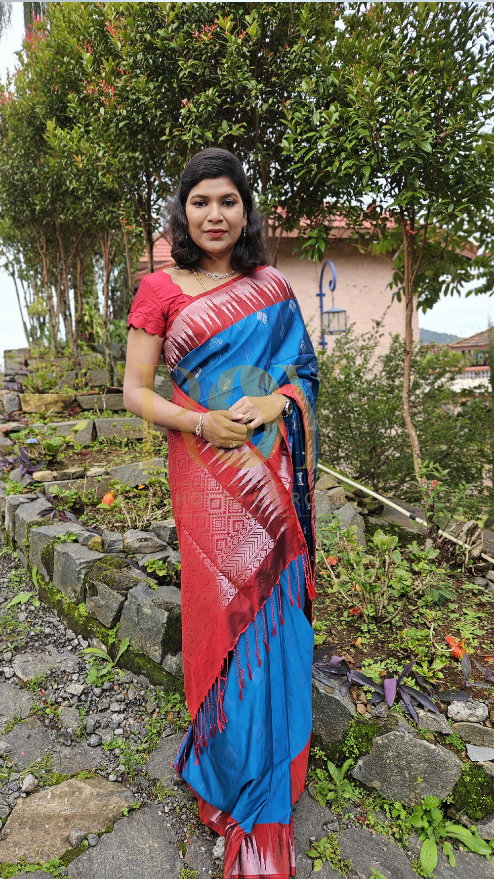 Blue with Kum Kum Red Silver Zari Slub Silk Saree
