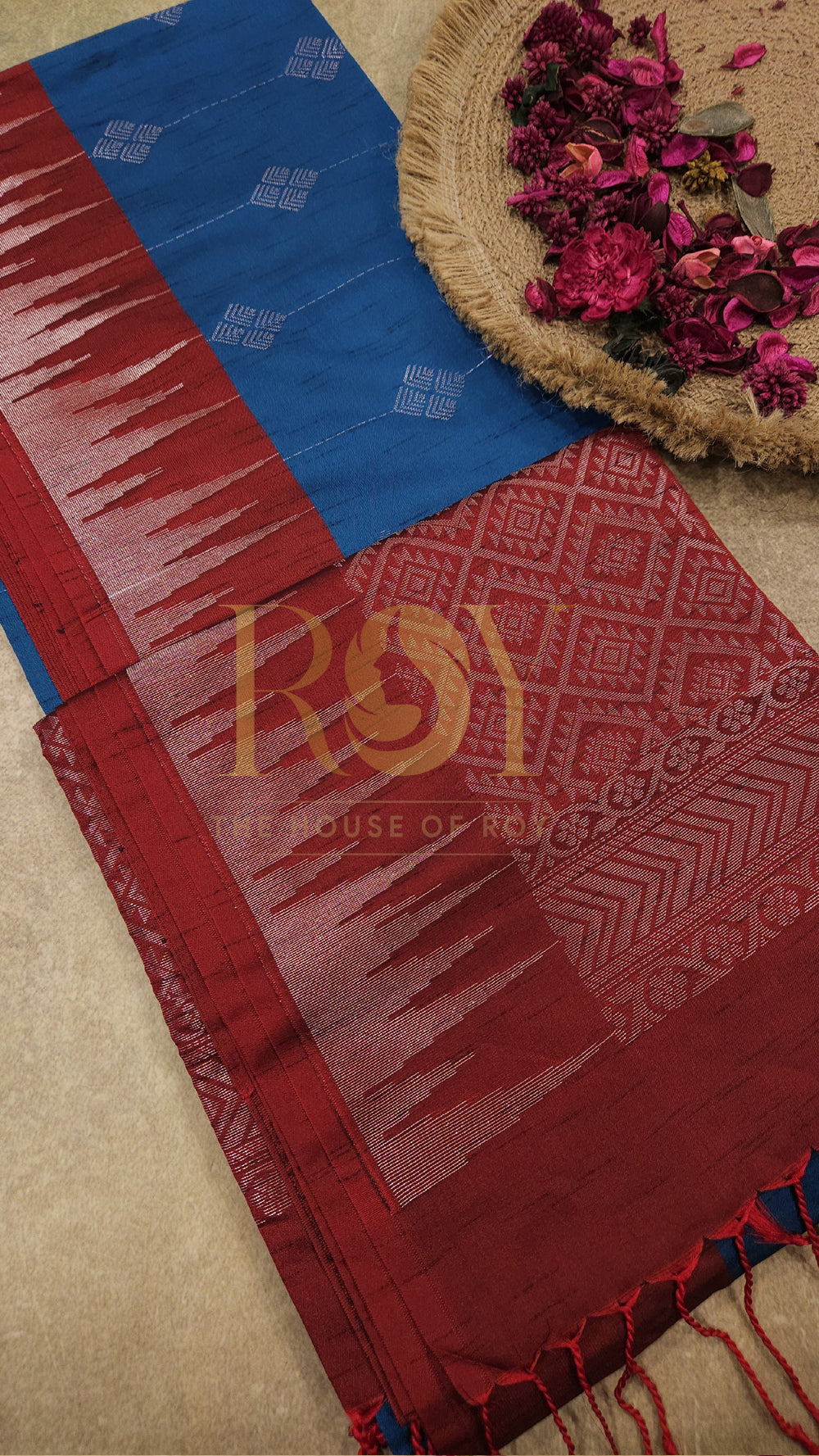 Blue with Kum Kum Red Silver Zari Slub Silk Saree