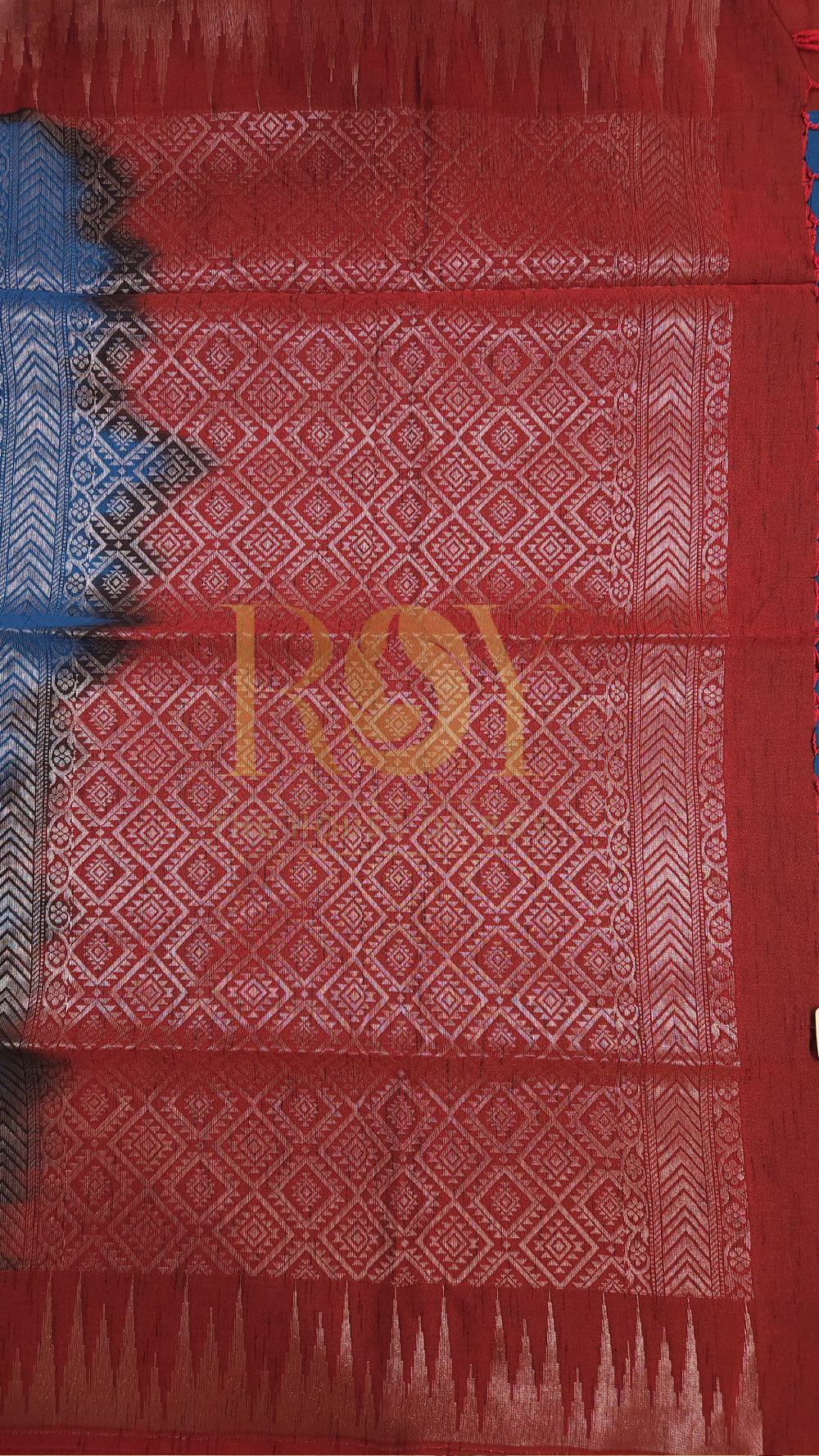 Blue with Kum Kum Red Silver Zari Slub Silk Saree