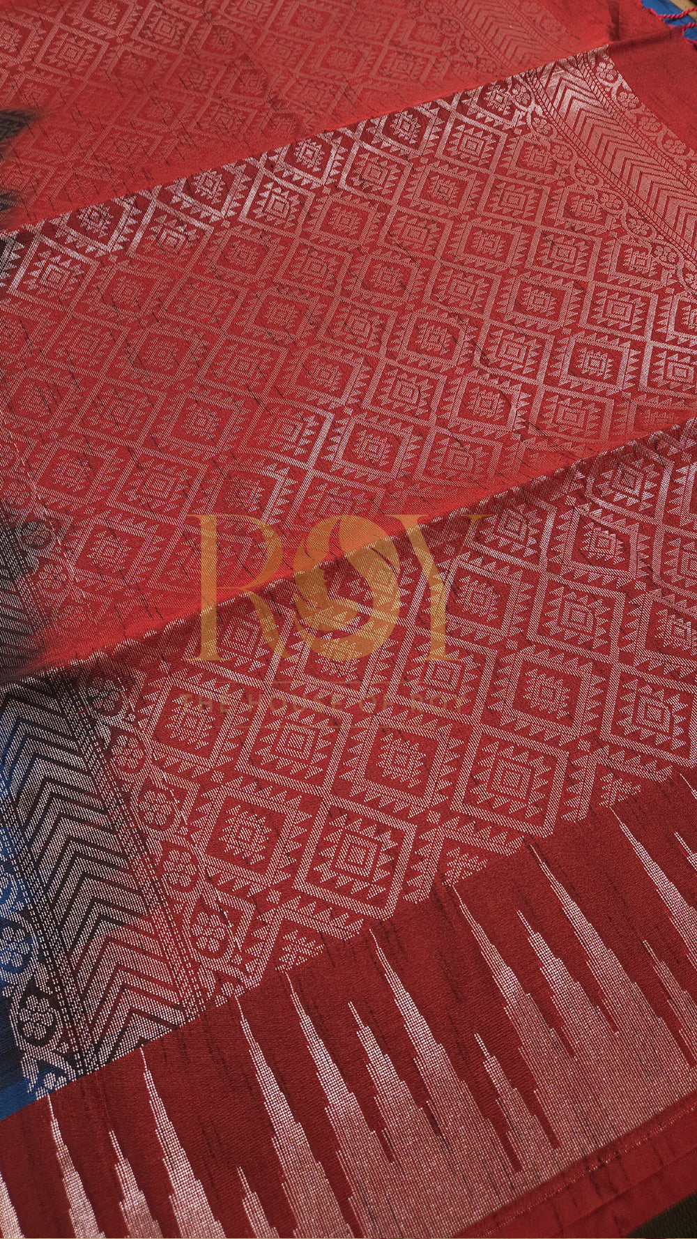 Blue with Kum Kum Red Silver Zari Slub Silk Saree