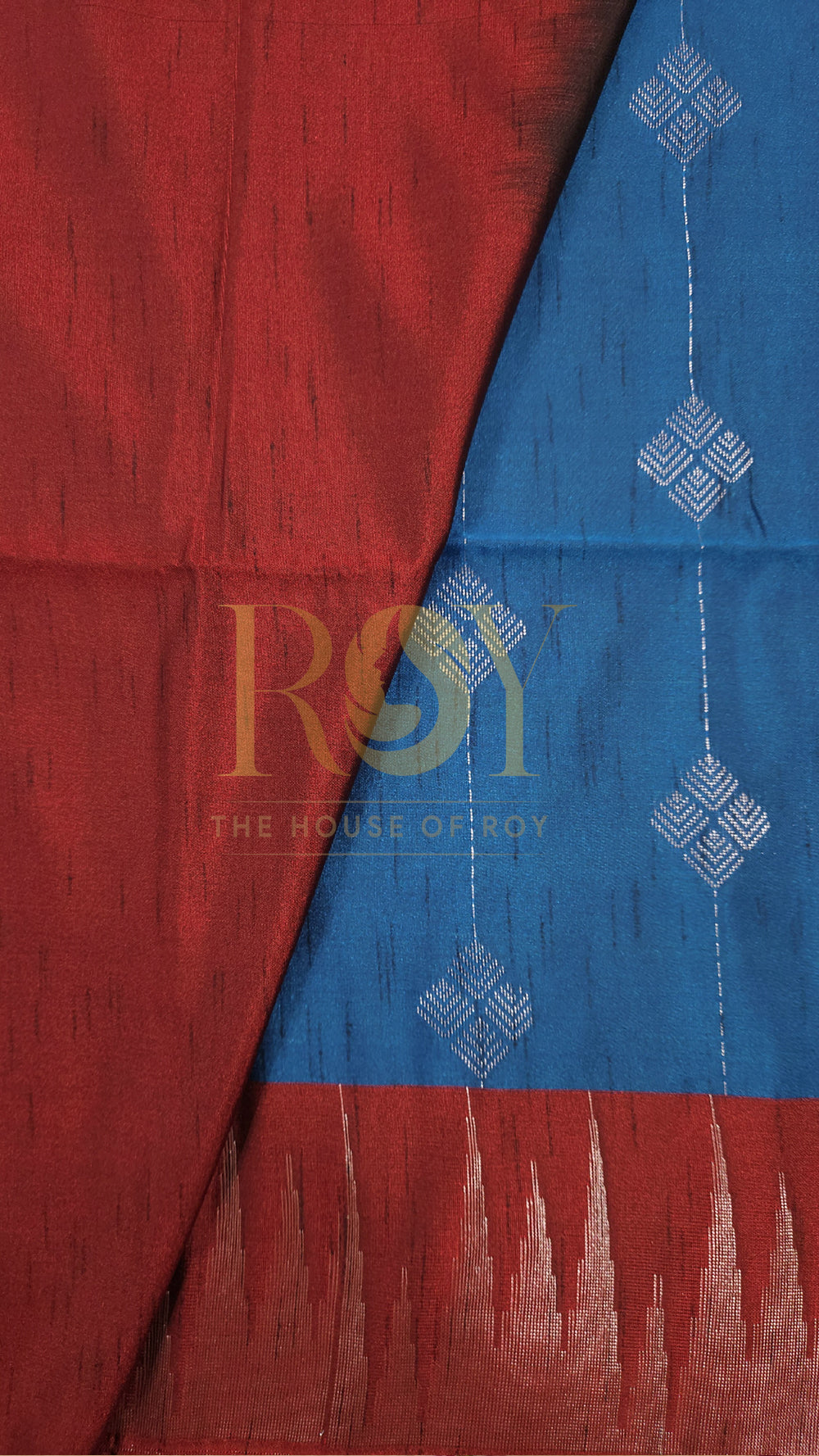 Blue with Kum Kum Red Silver Zari Slub Silk Saree
