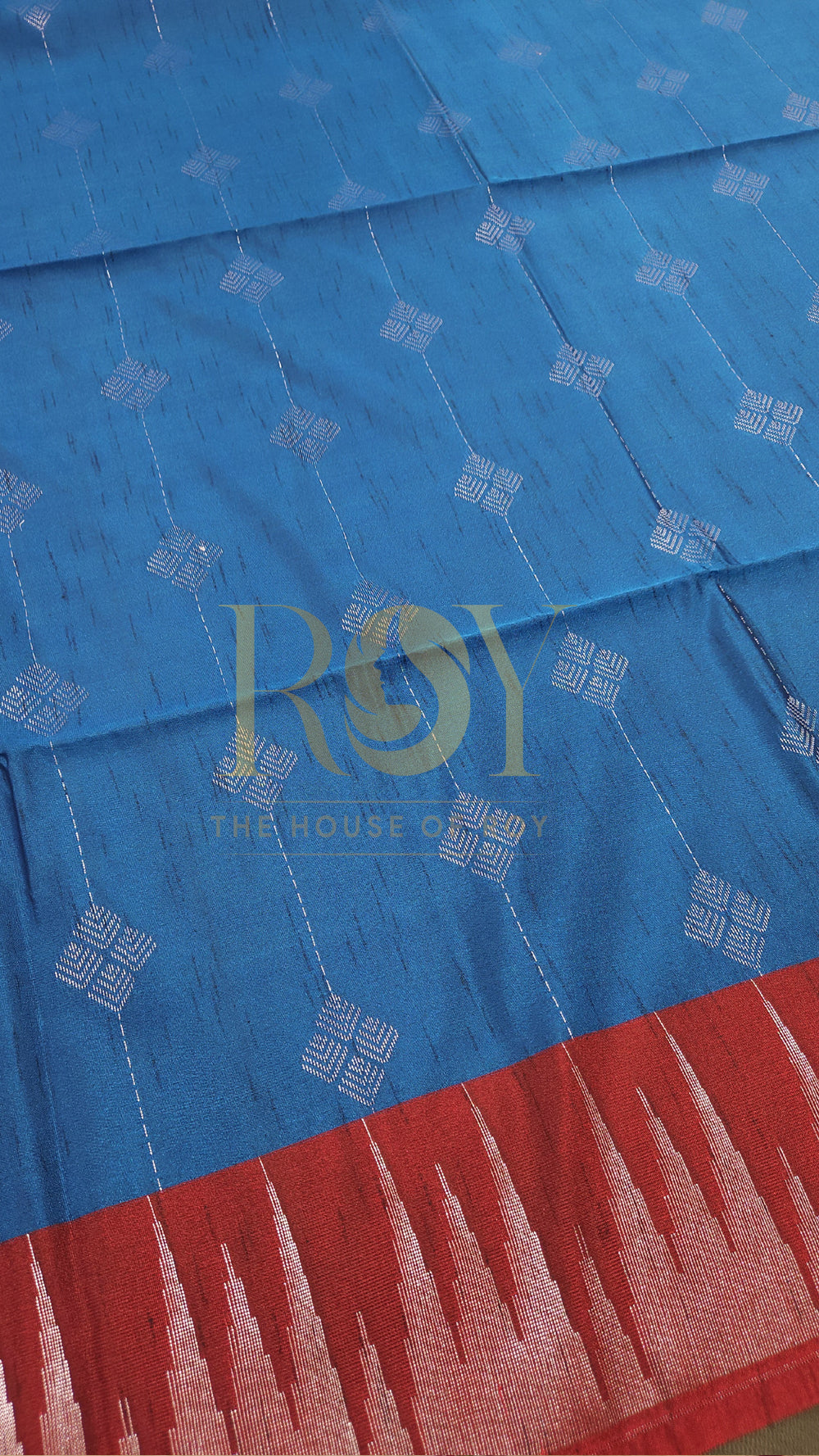 Blue with Kum Kum Red Silver Zari Slub Silk Saree