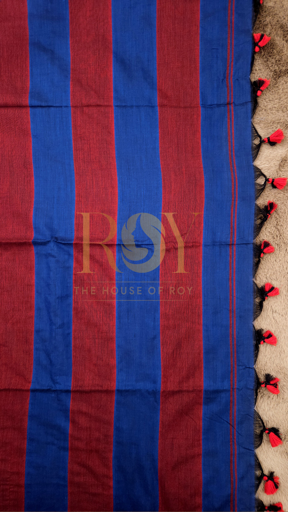 Blue with Maroon Striped Khadi Mul Cotton Saree