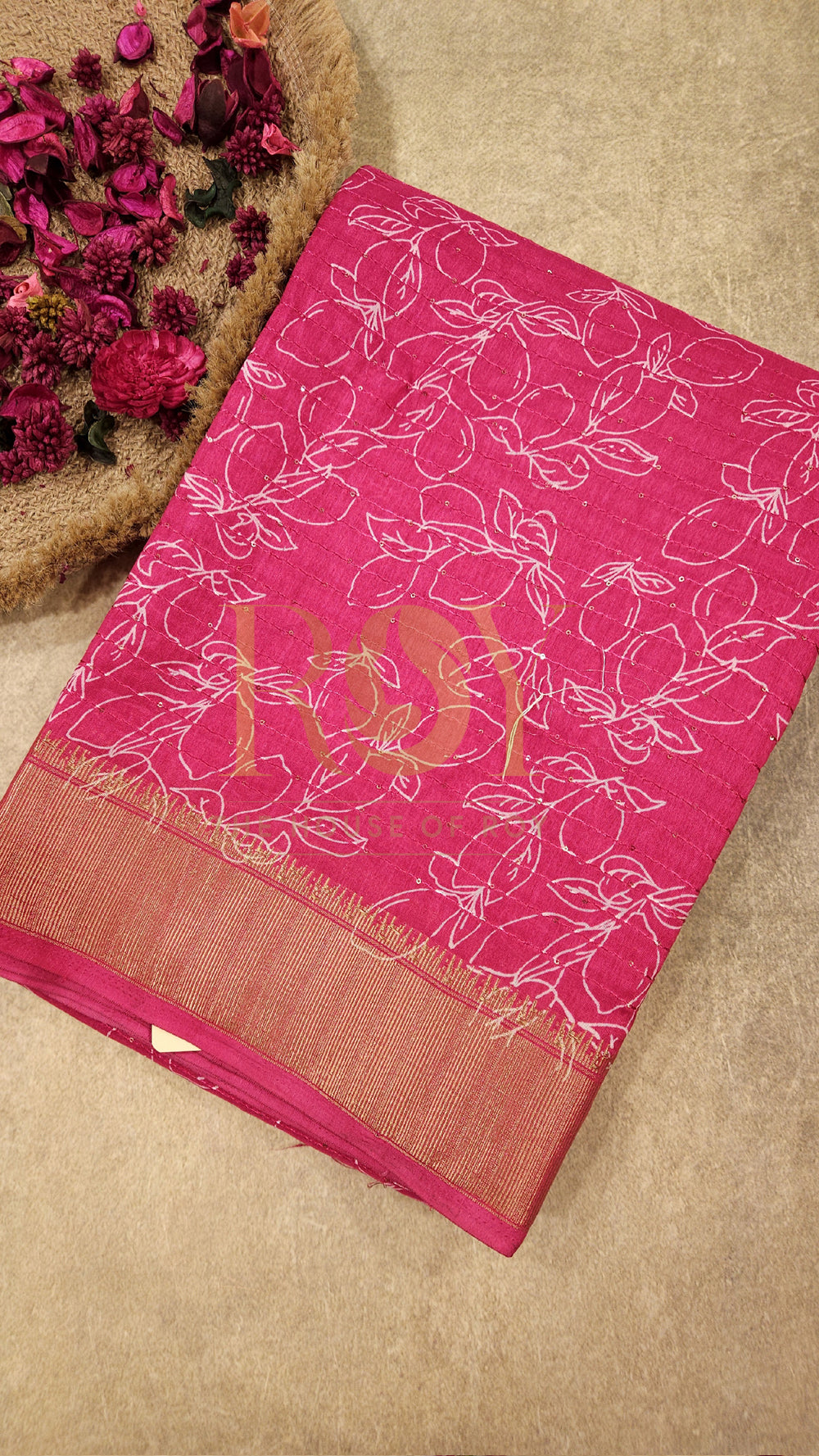 Bright Pink White Floral Print Sequinned Saree