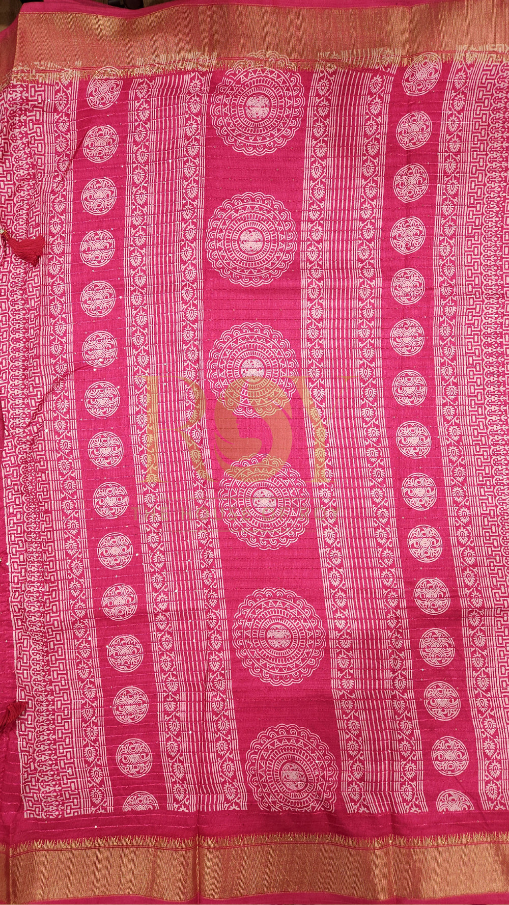 Bright Pink White Floral Print Sequinned Saree