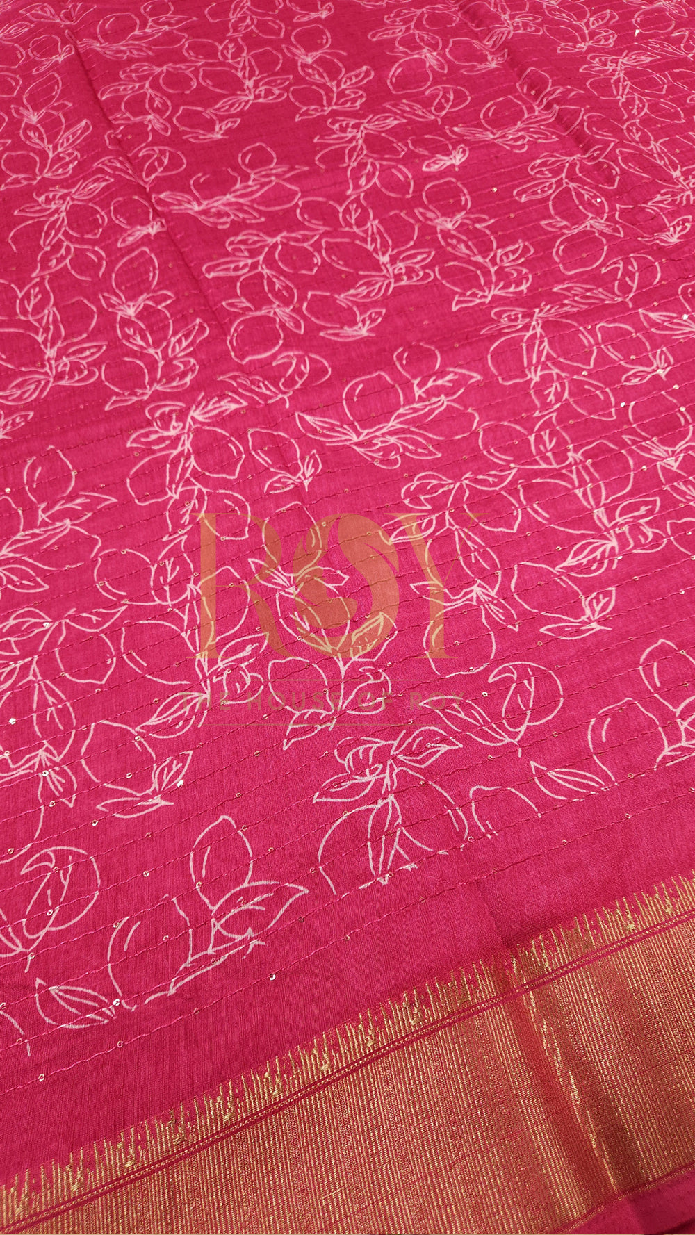 Bright Pink White Floral Print Sequinned Saree