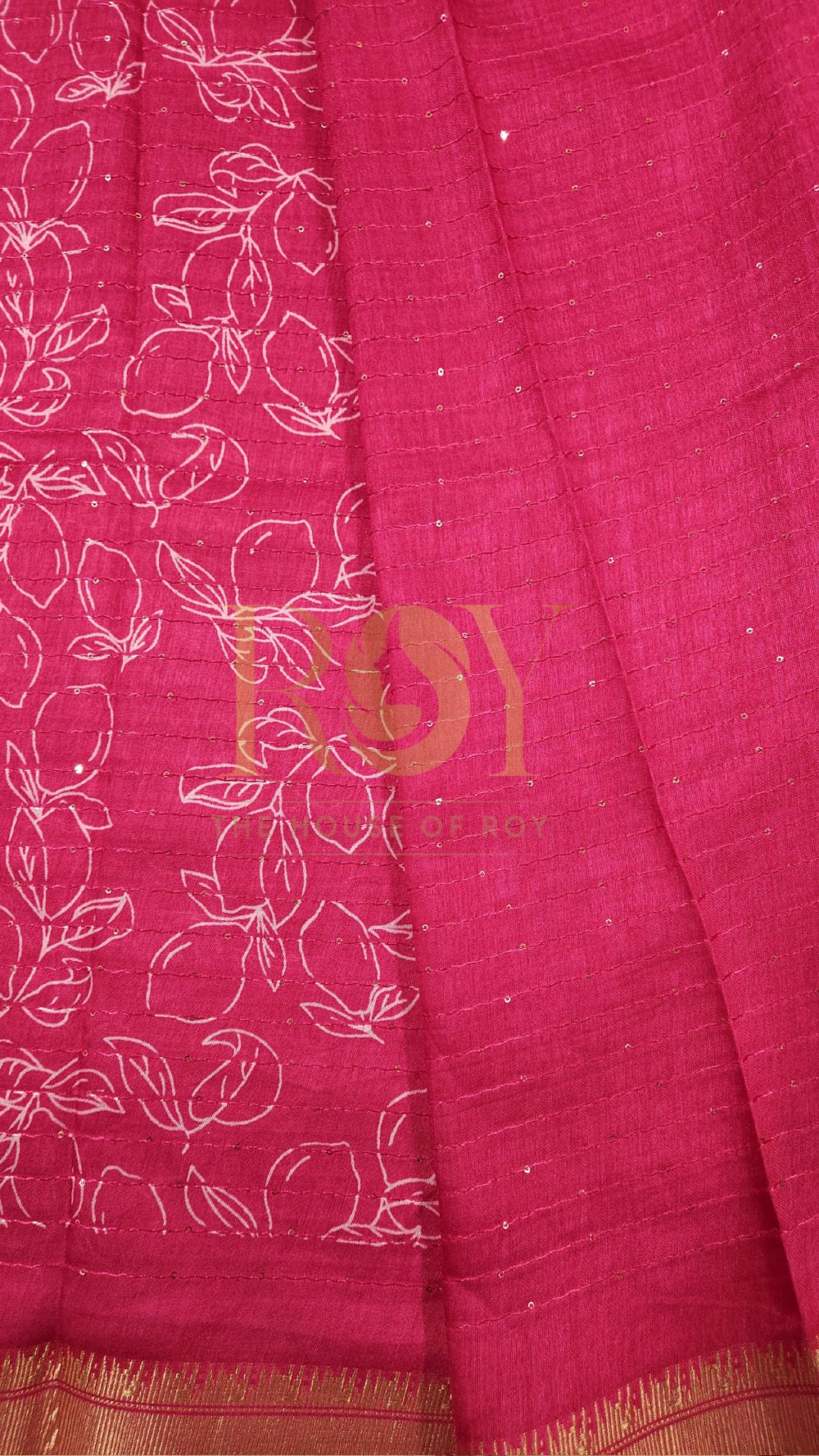 Bright Pink White Floral Print Sequinned Saree