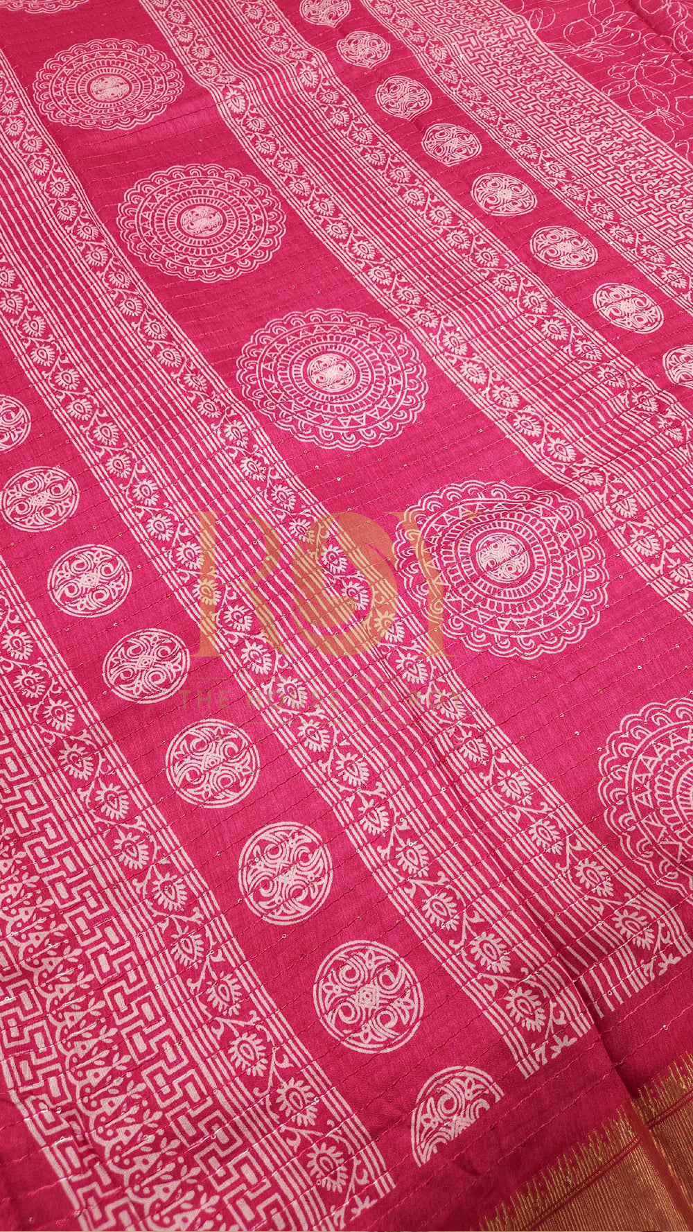 Bright Pink White Floral Print Sequinned Saree