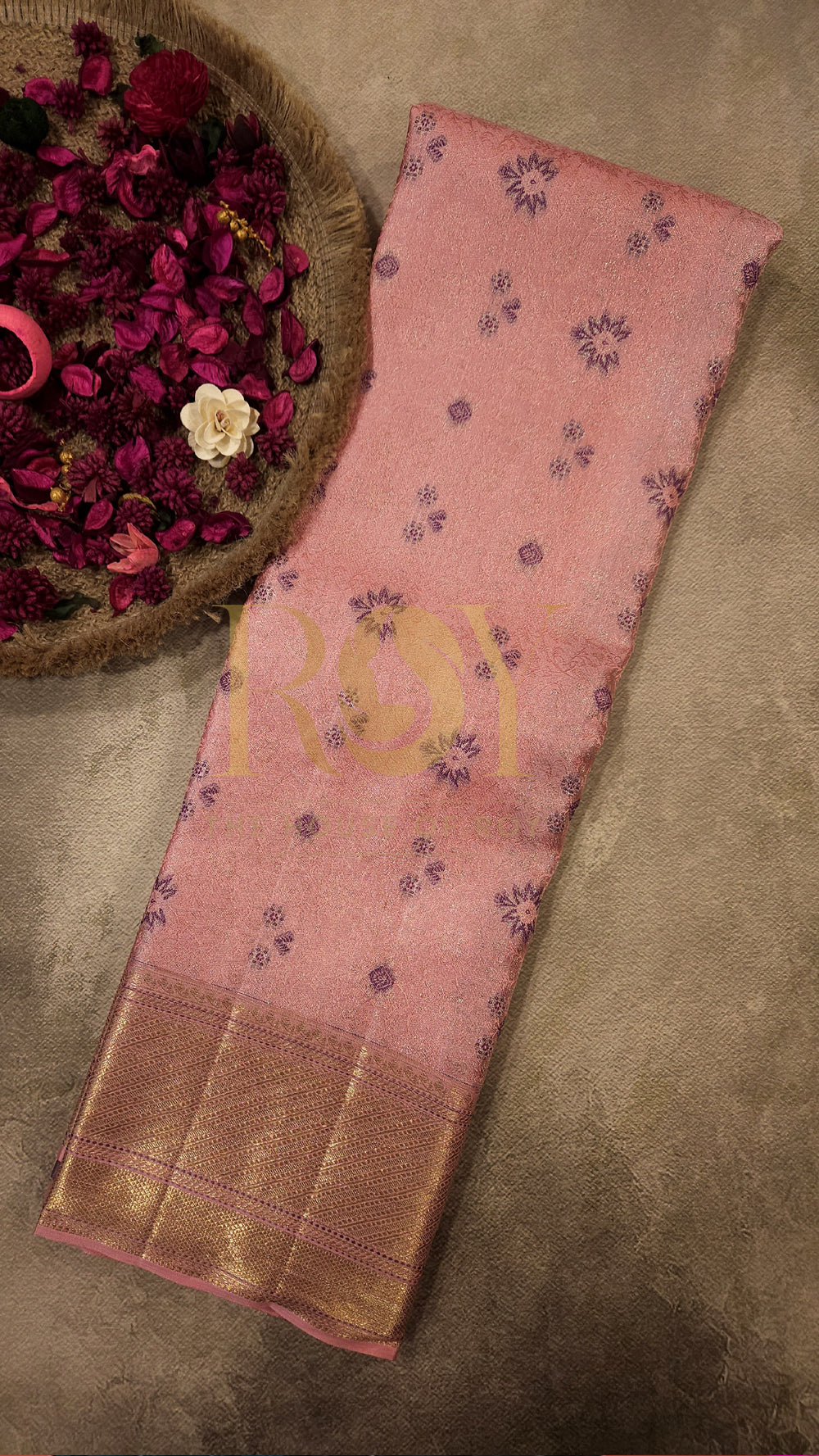 British Rose Floral Pure Kancheepuram Silk Saree
