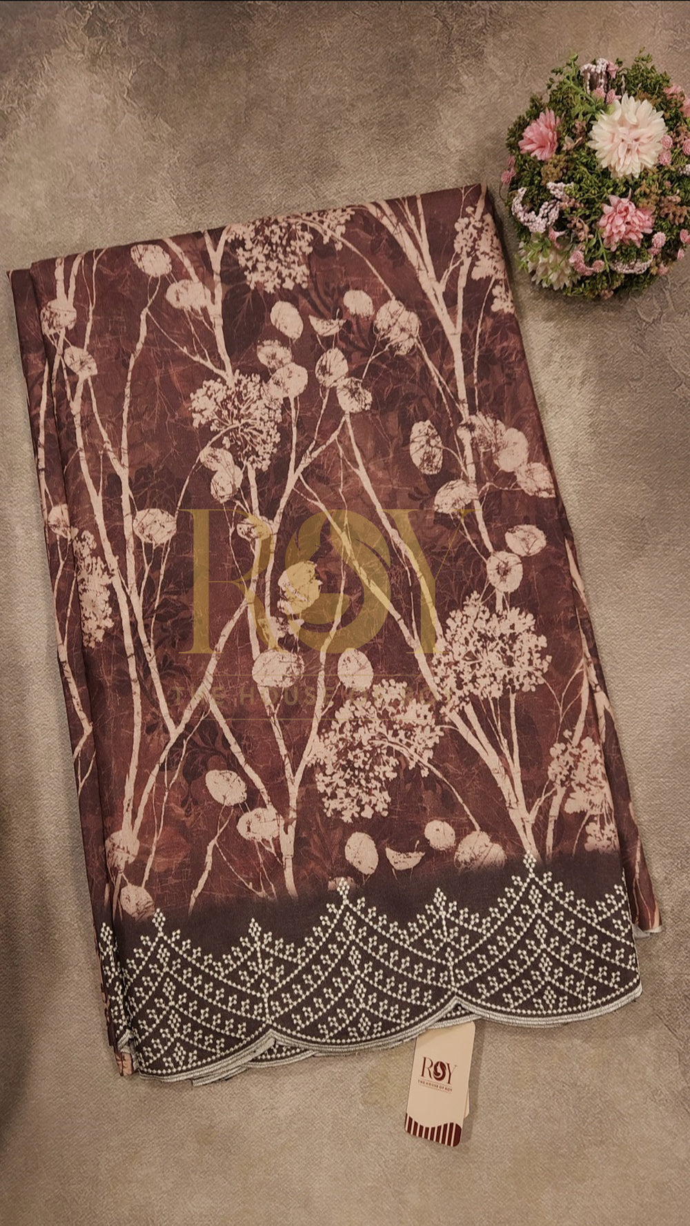 Brown Print Embroidered Mix Tussar Saree