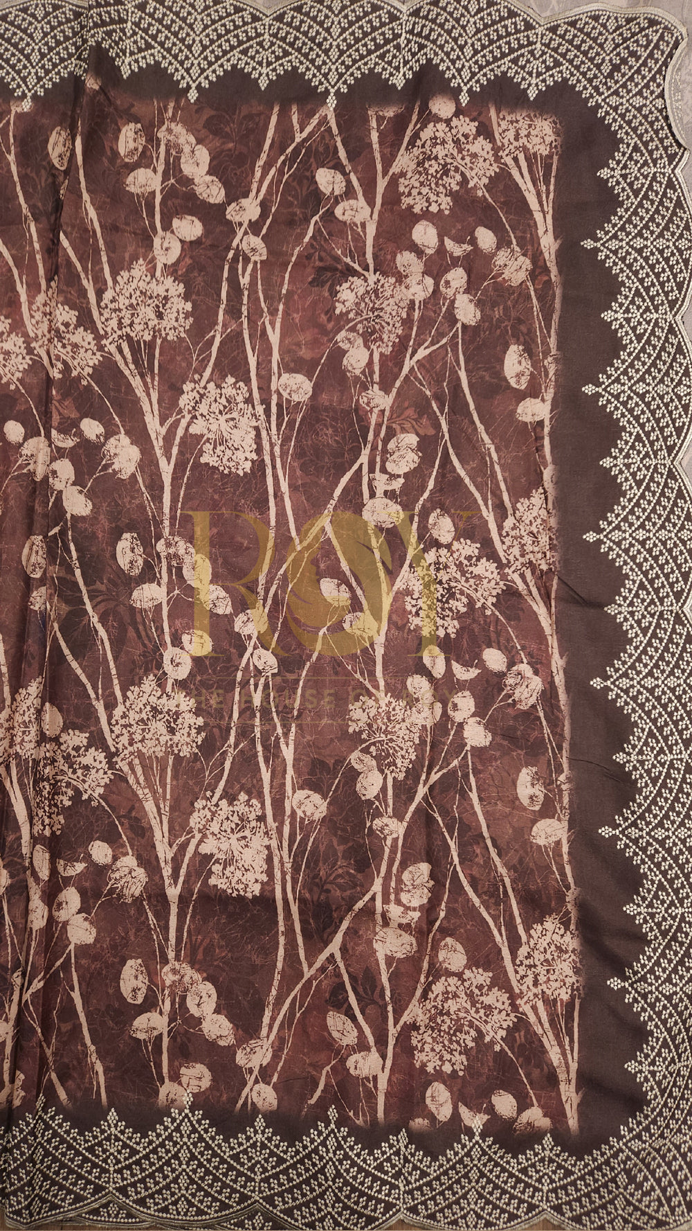 Brown Print Embroidered Mix Tussar Saree