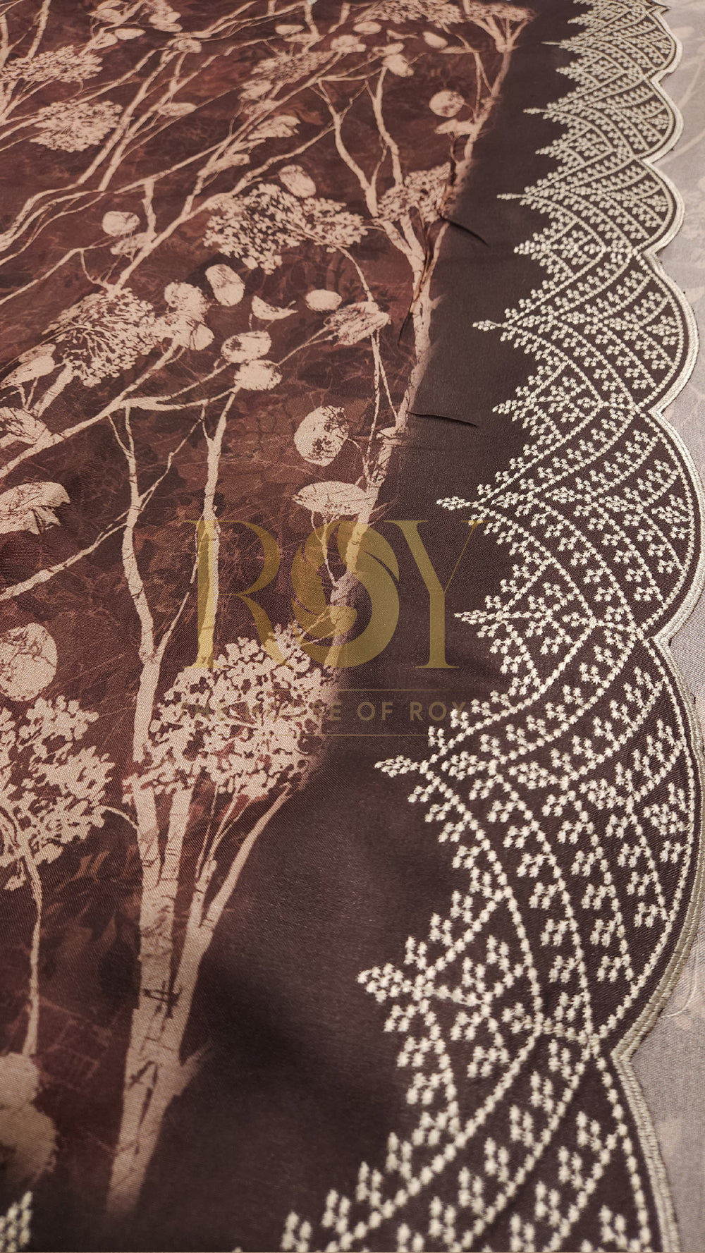 Brown Print Embroidered Mix Tussar Saree