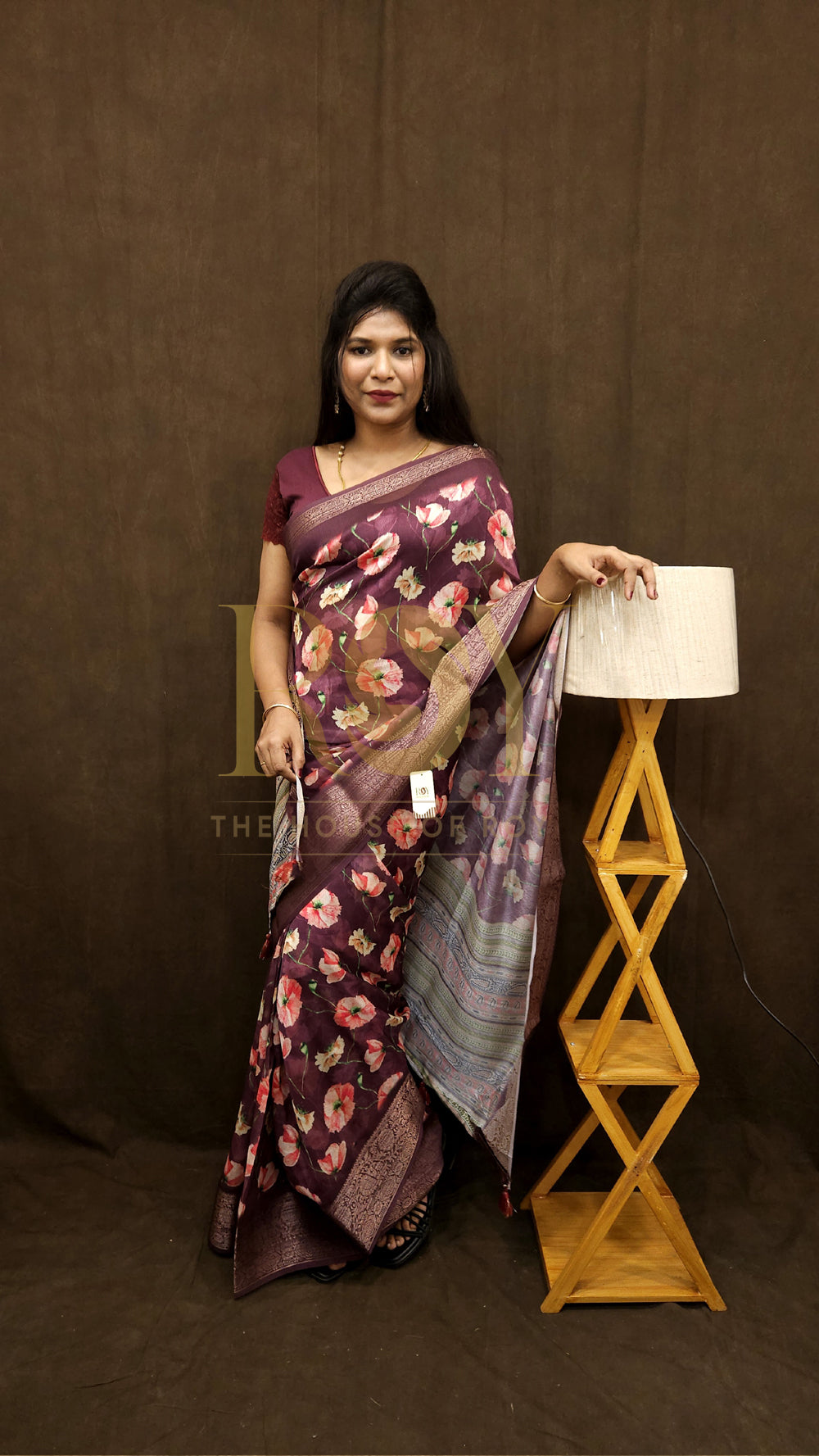 Burgundy Digital Floral Print Saree