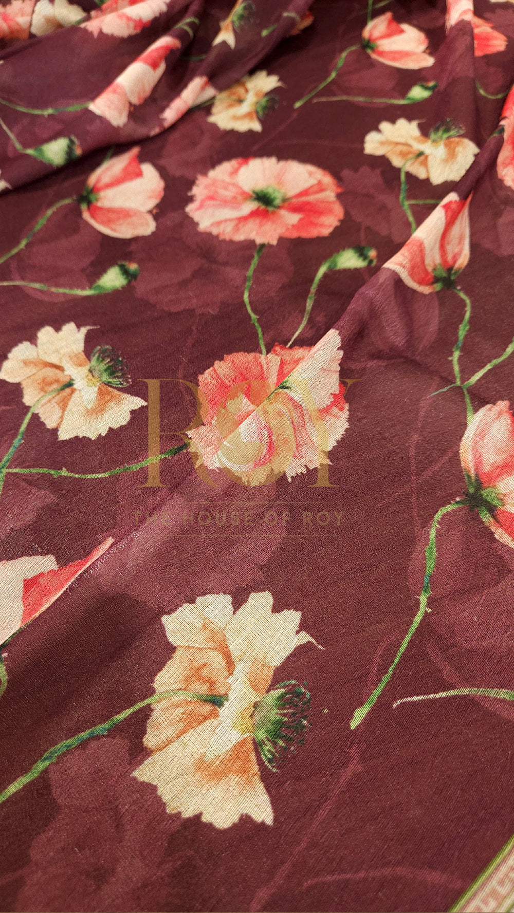 Burgundy Digital Floral Print Saree