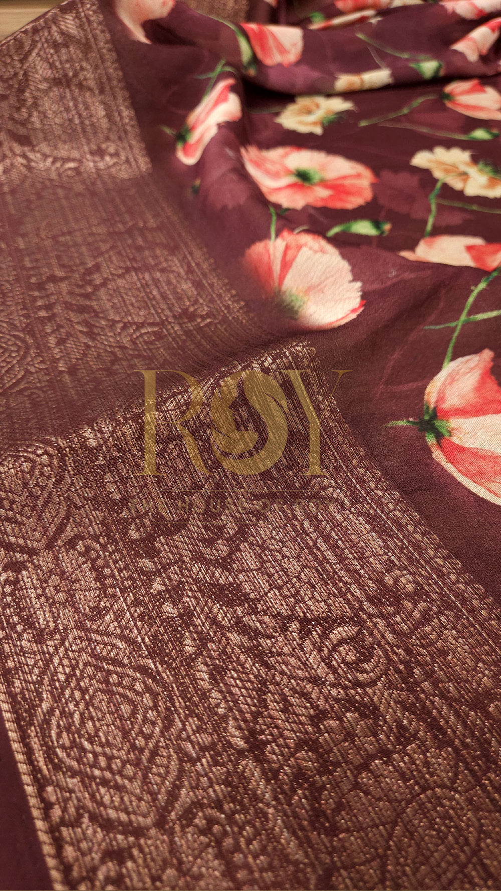 Burgundy Digital Floral Print Saree
