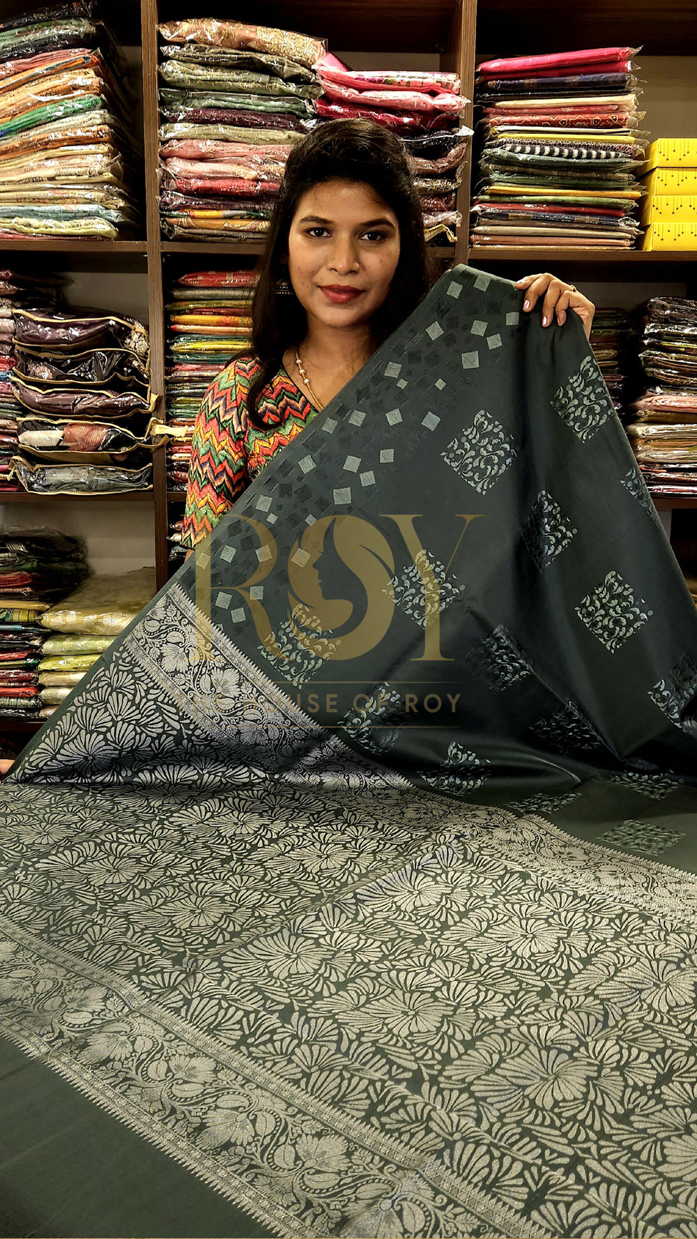 Cement Grey Embossed Silk Saree