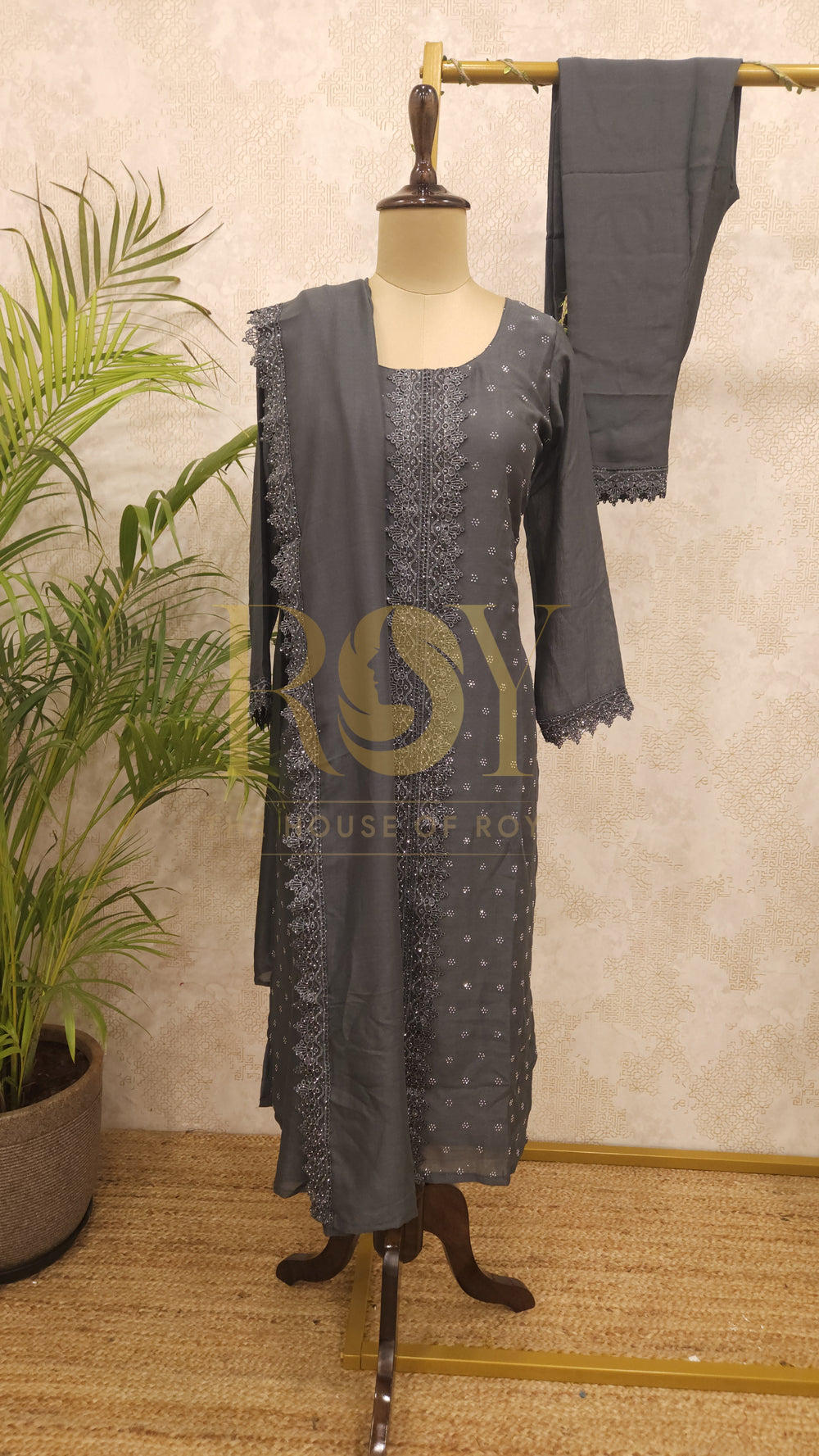 Charcoal Grey Stone Chudi Set