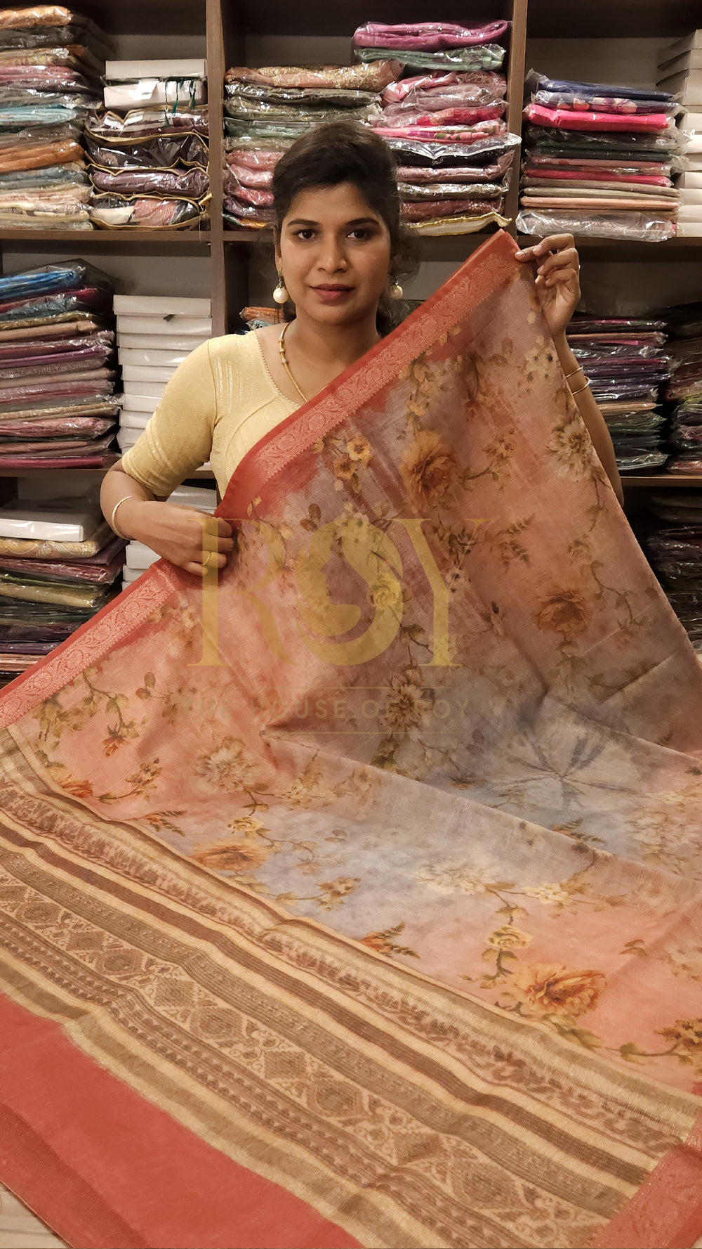 Coral Red Floral Digital Print Tissue Saree