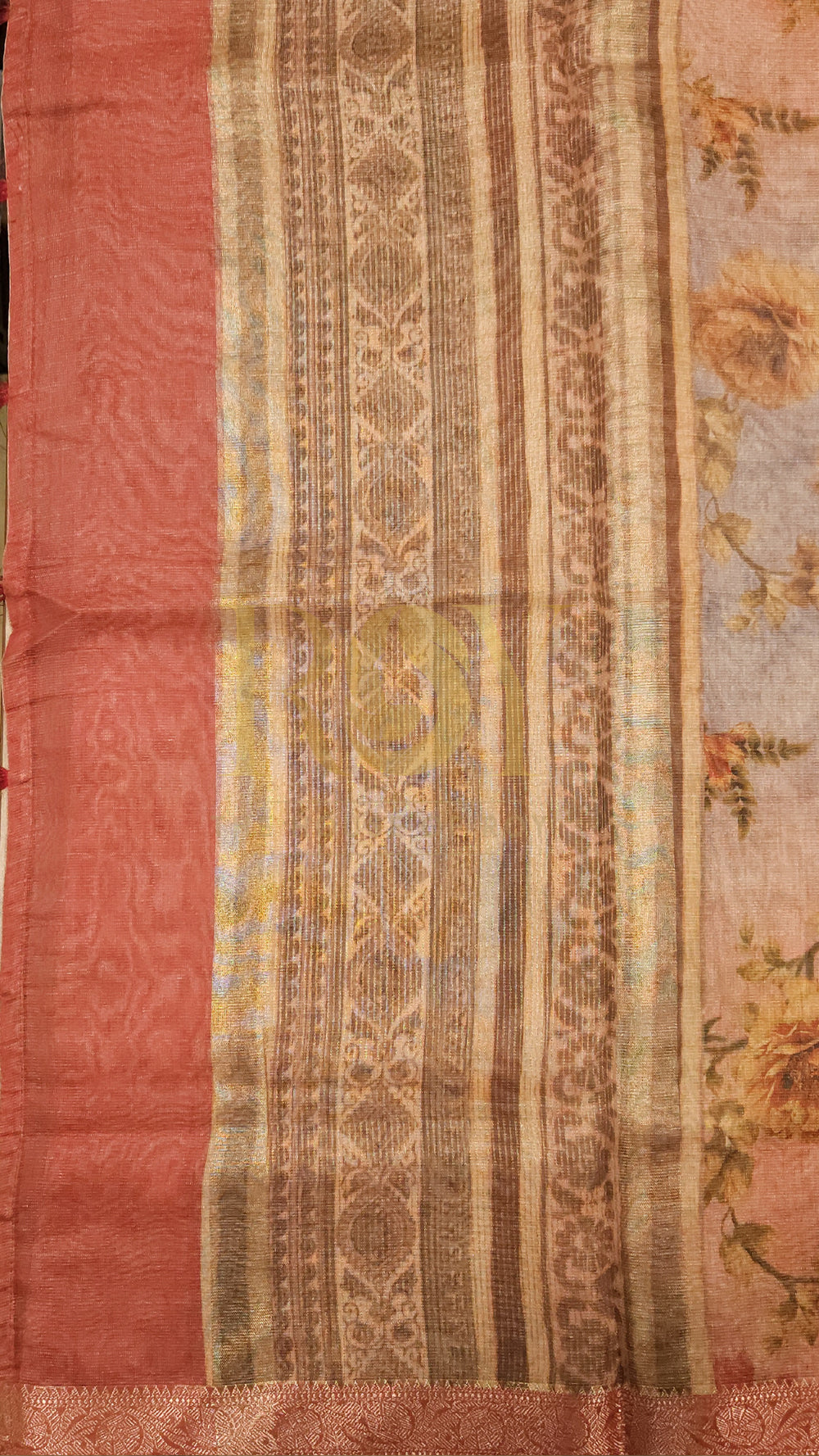 Coral Red Floral Digital Print Tissue Saree