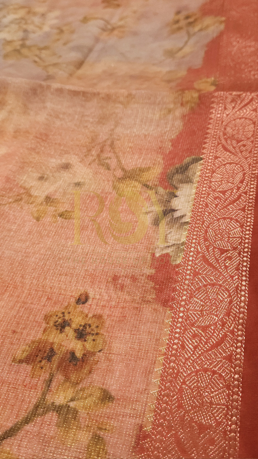 Coral Red Floral Digital Print Tissue Saree