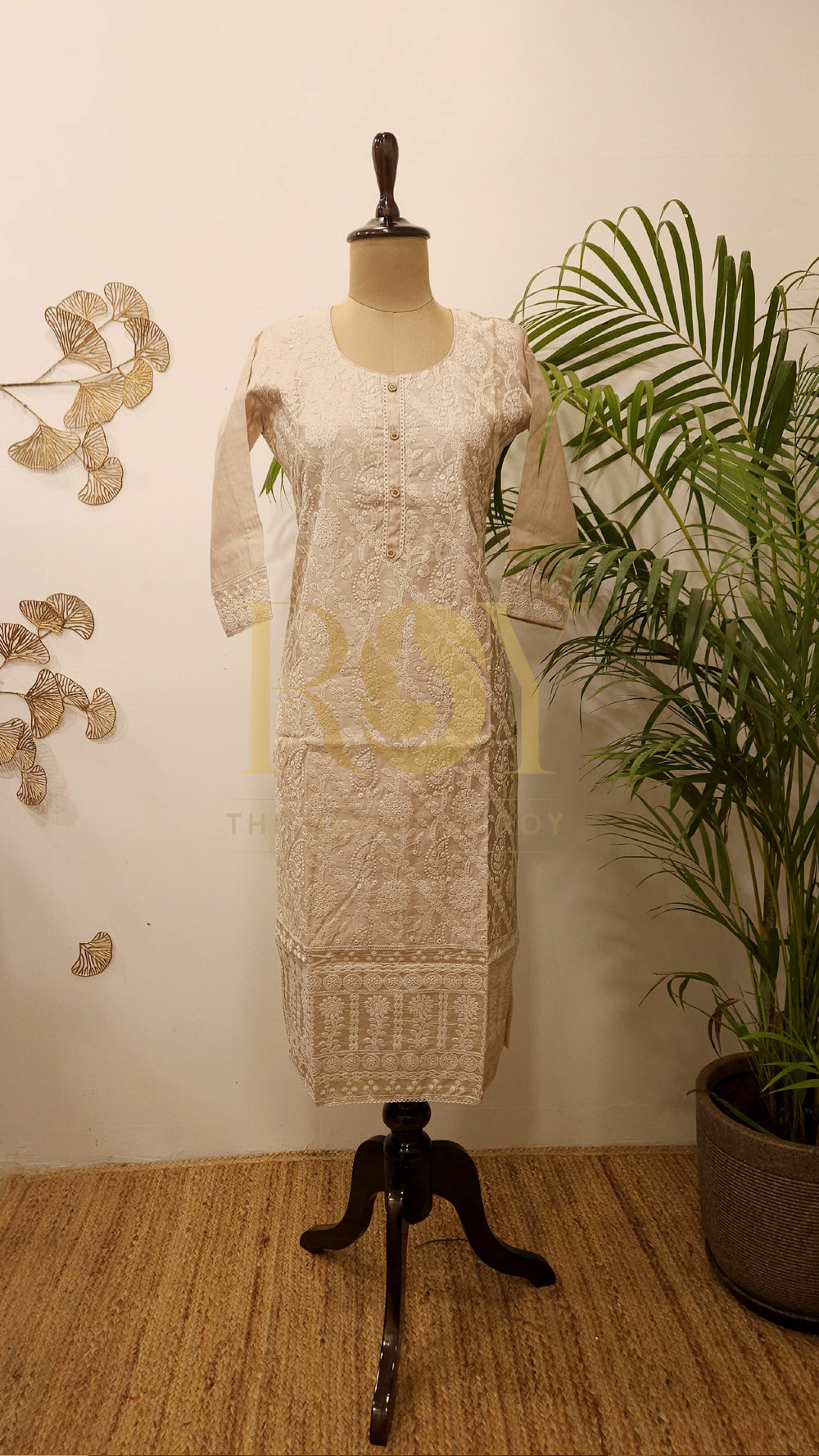 Cream Embroidered chandheri kurti