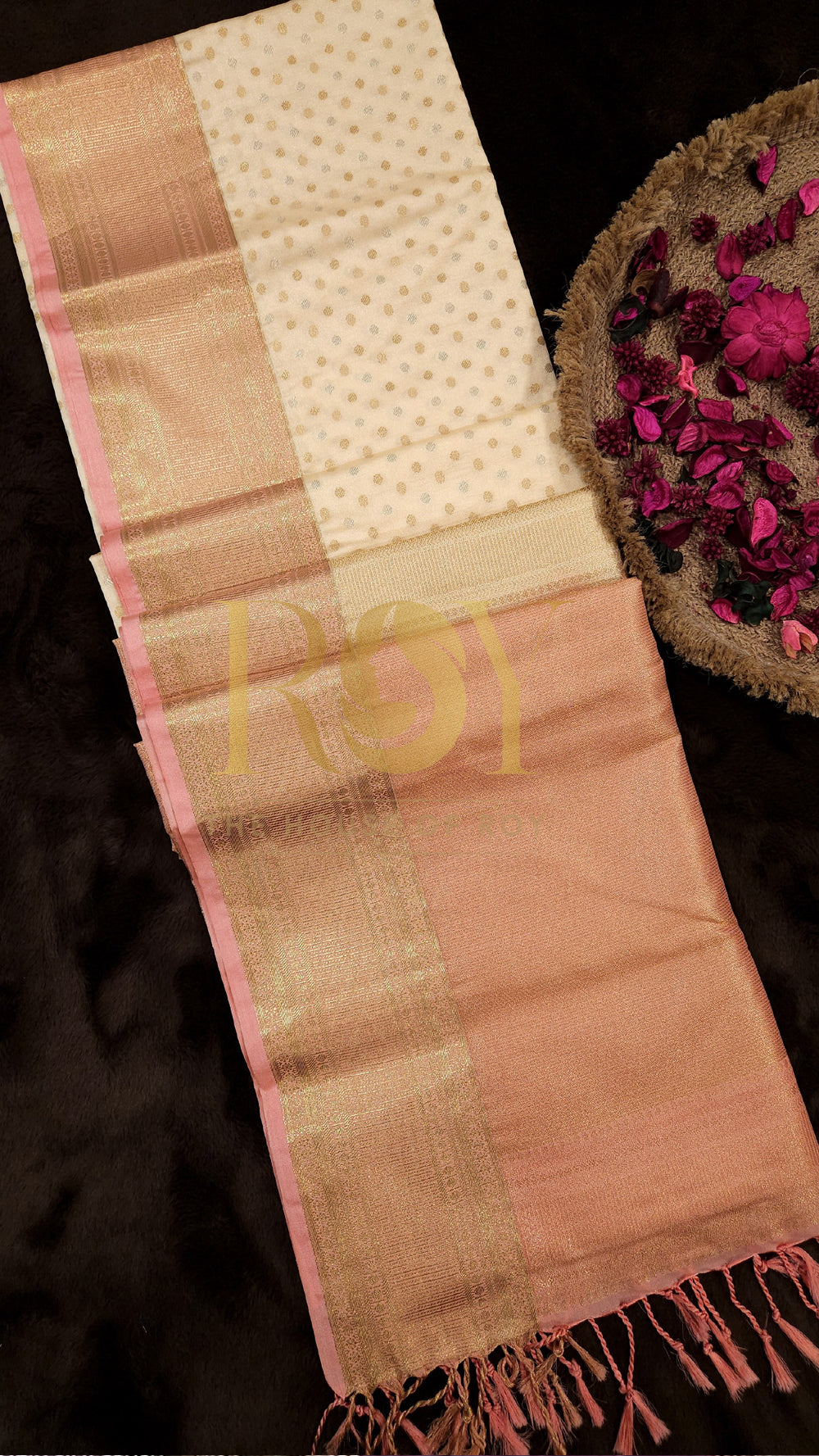 Cream Polka Dot Luxury Soft Silk Saree