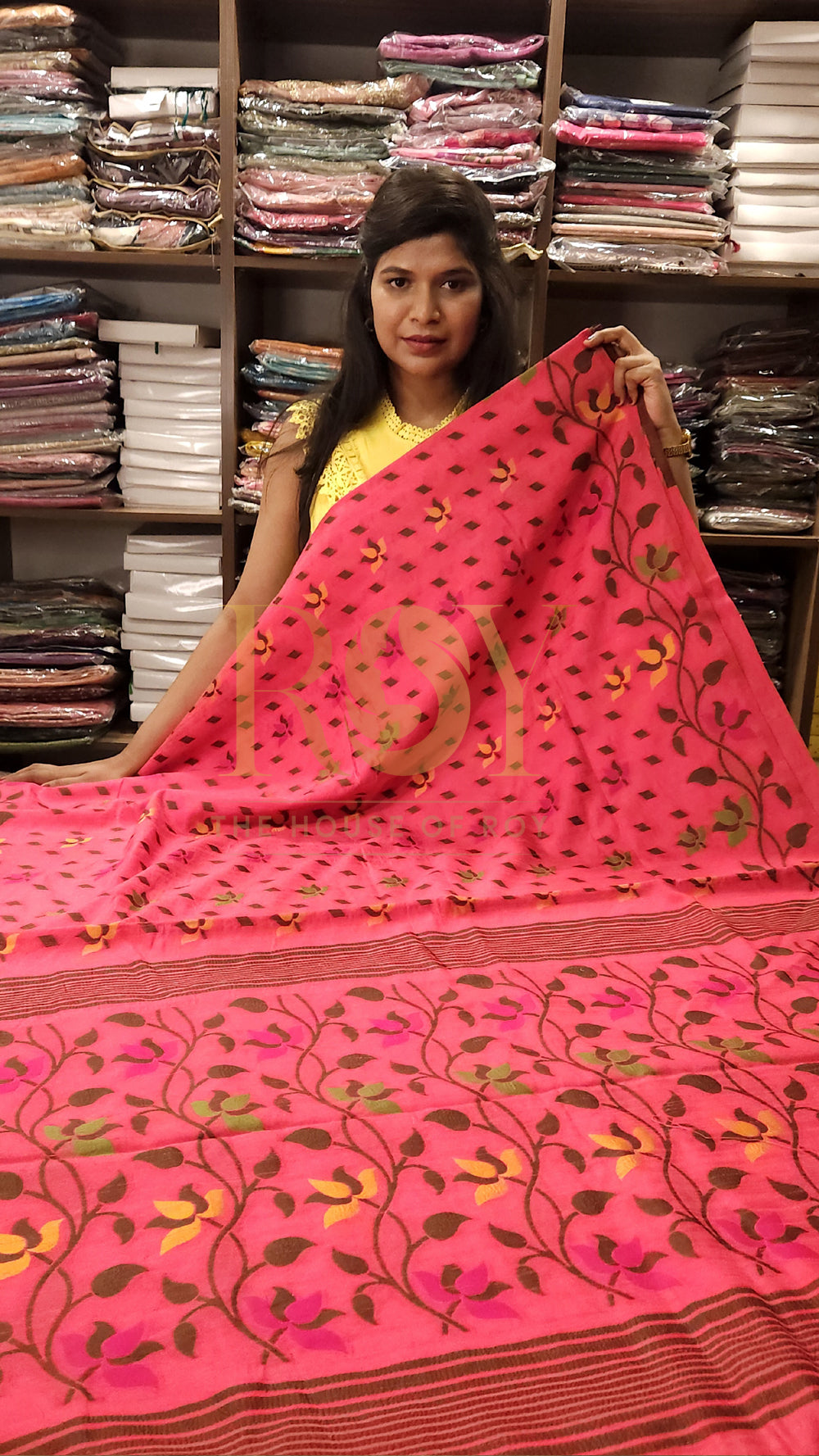 Crimson Pink Jamdhani Cotton Saree