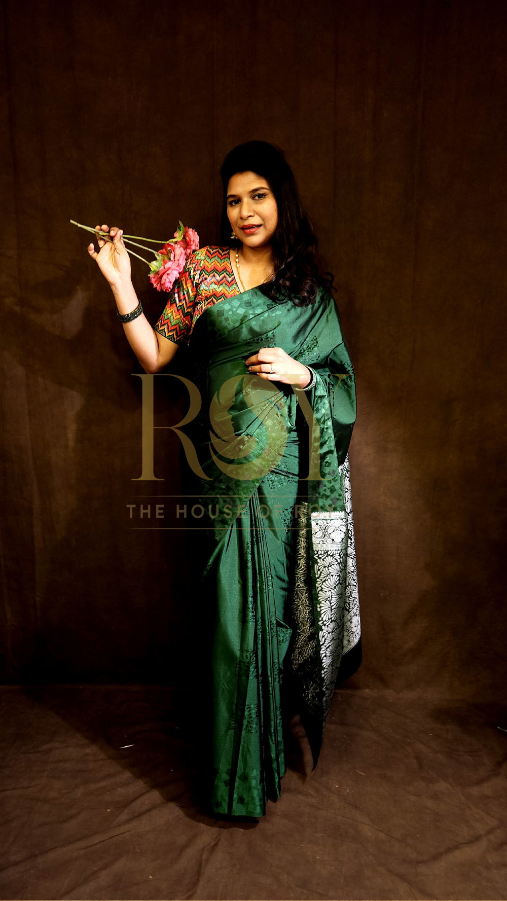 Dark Green Embossed Silk Saree