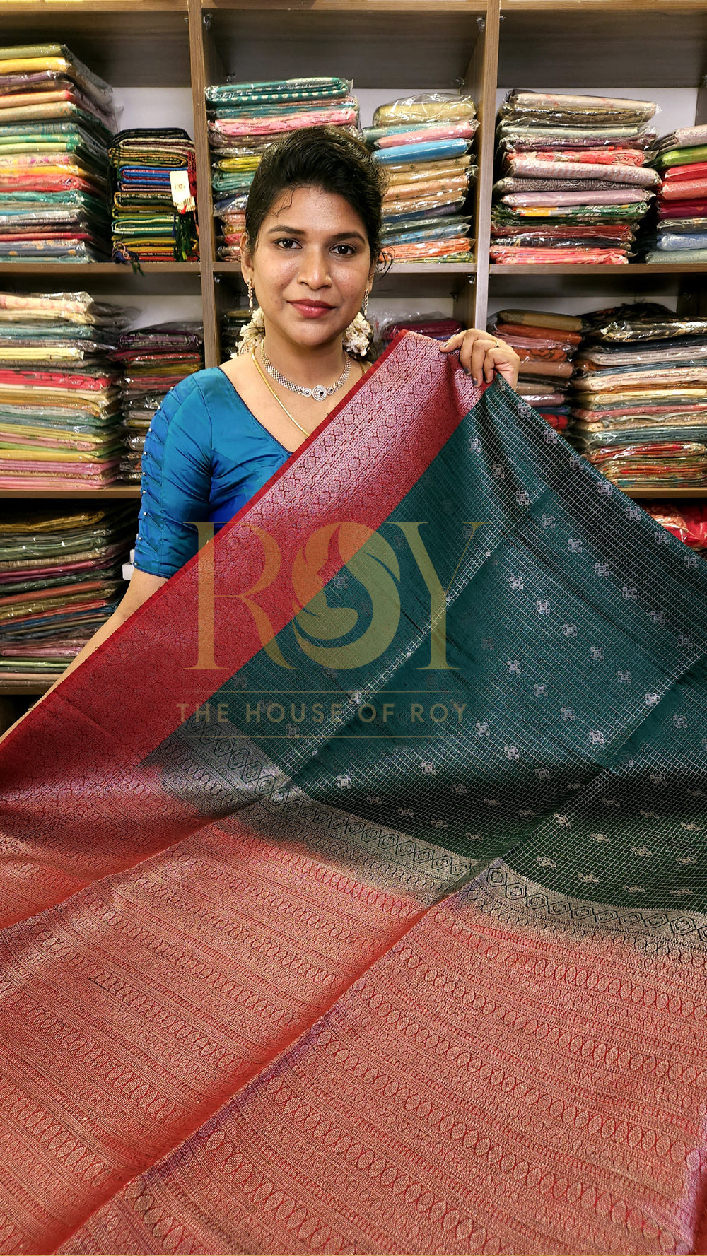 Dark green kattam silver zari slub silk