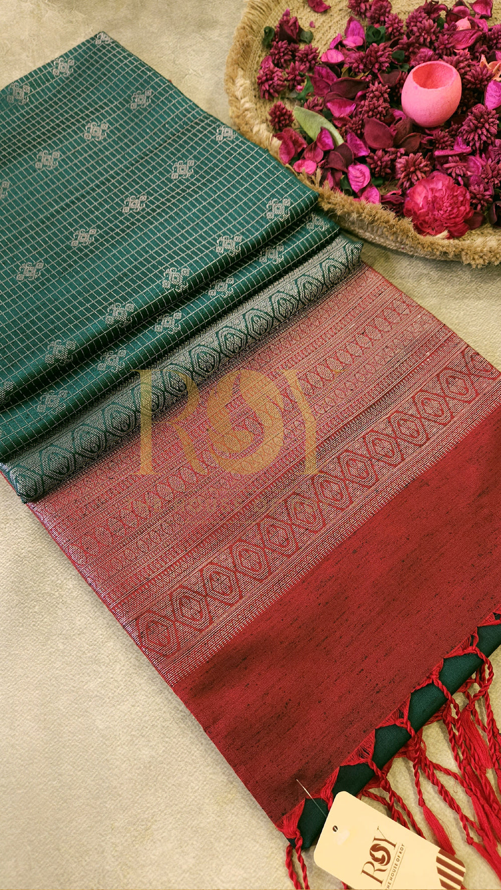 Dark green kattam silver zari slub silk