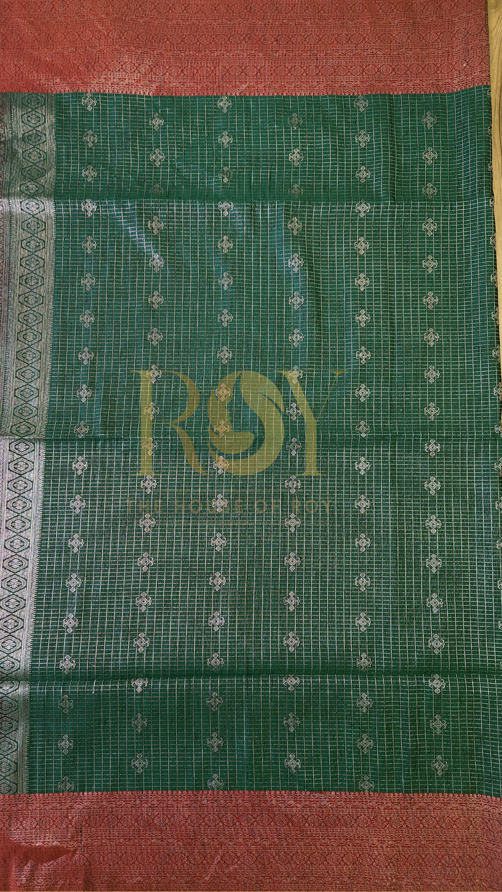 Dark green kattam silver zari slub silk