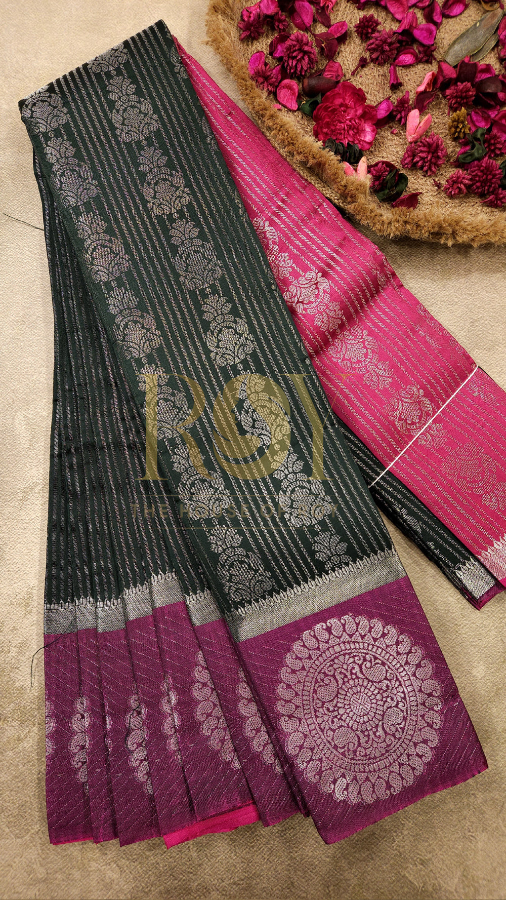 Dark green with pink silver zari Mix silk saree
