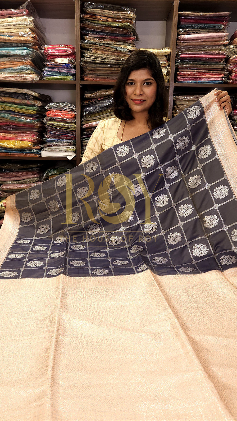 Deep grey silver kattam zari Mix soft silk