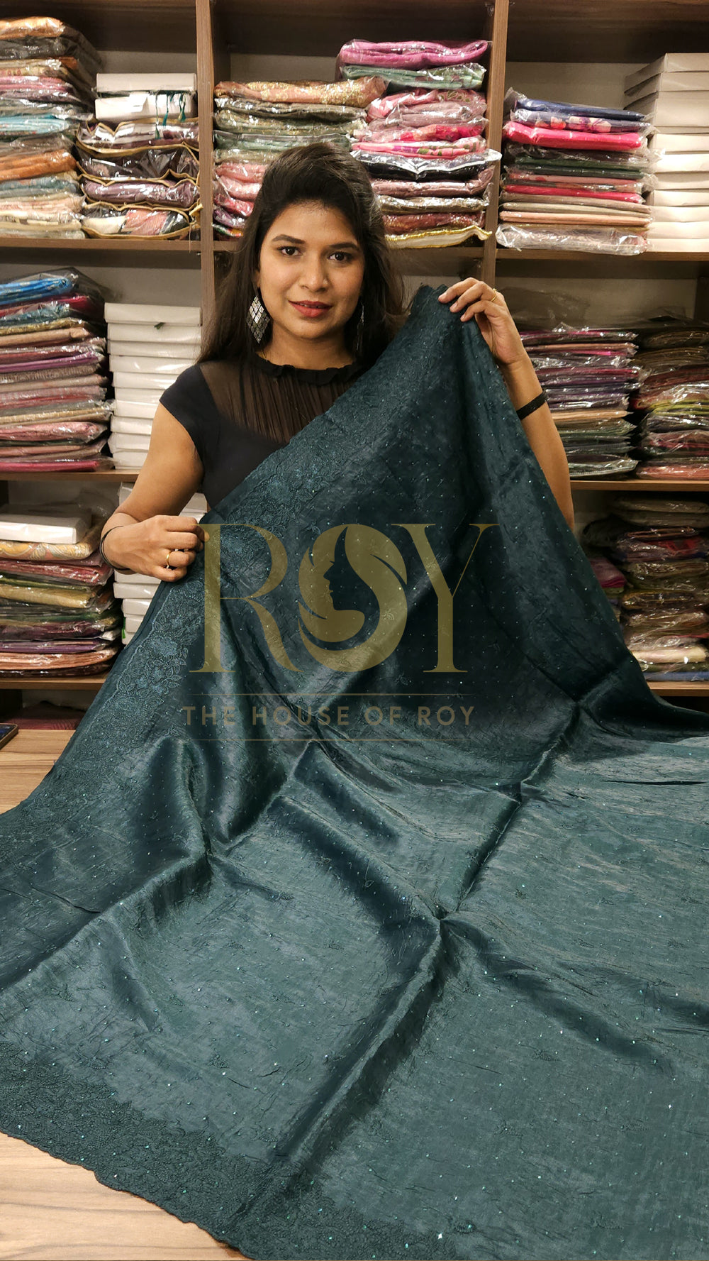 Deep Teal Green Crushed Shimmer Saree